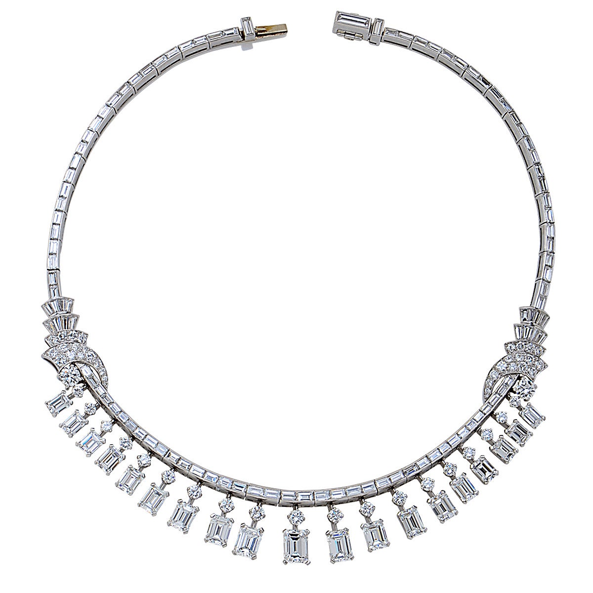Important GIA Graded Emerald Cut Diamond Platinum Fringe Necklace In Excellent Condition In Miami, FL