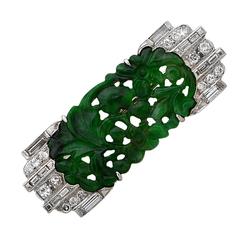 Carved Jade Diamond Platinum Brooch