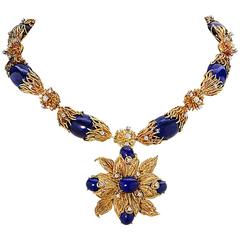 Glamorous 1960s Lapis Lazuli Diamond Feathered Gold Parure