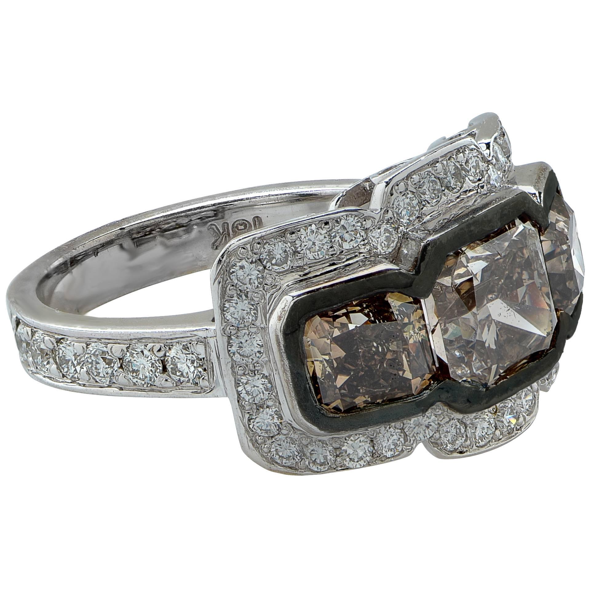 Princess Cut 4.74 Carat Fancy Color Diamond Gold Three Stone Ring For Sale