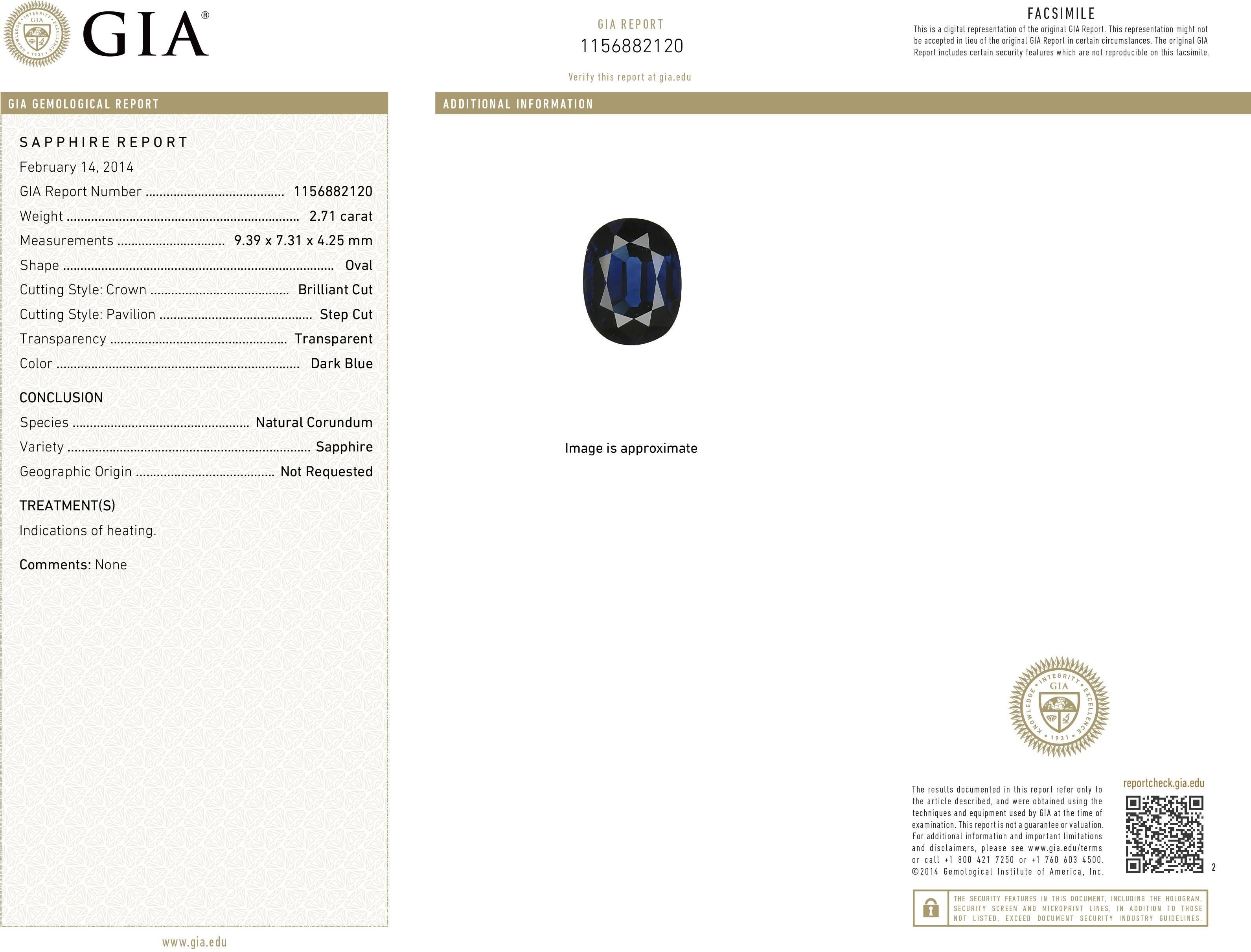 Women's Vivid Diamonds GIA Certified 2.71 Carat Sapphire Platinum Ring