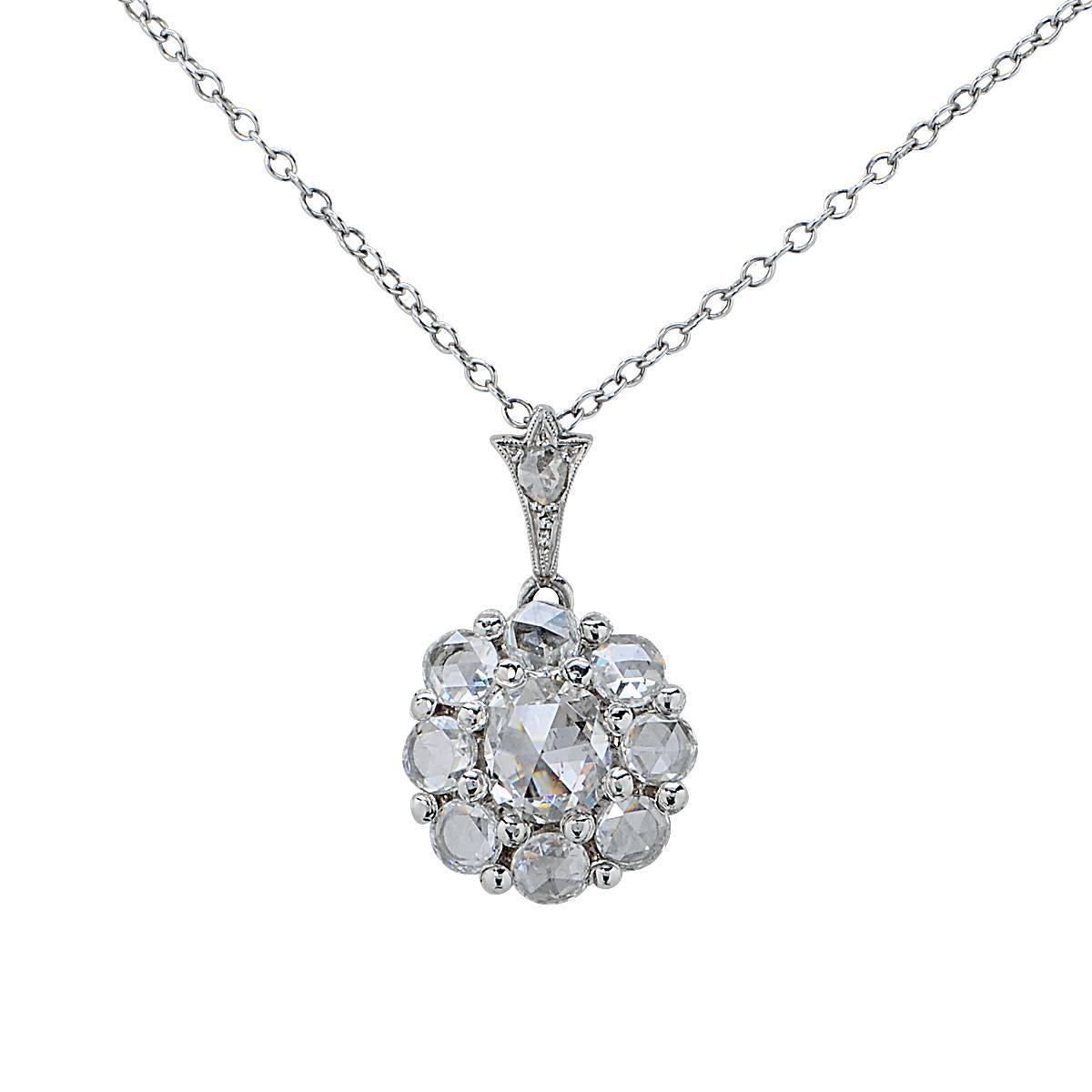 Platinum Pendant Set with 9 Rose Cut Diamonds Weighing Approximately 2.25 Carats.