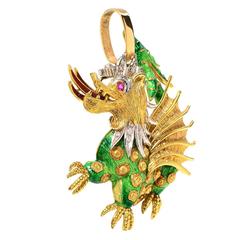 Enamel Diamond Gold Dragon Necklace and Brooch