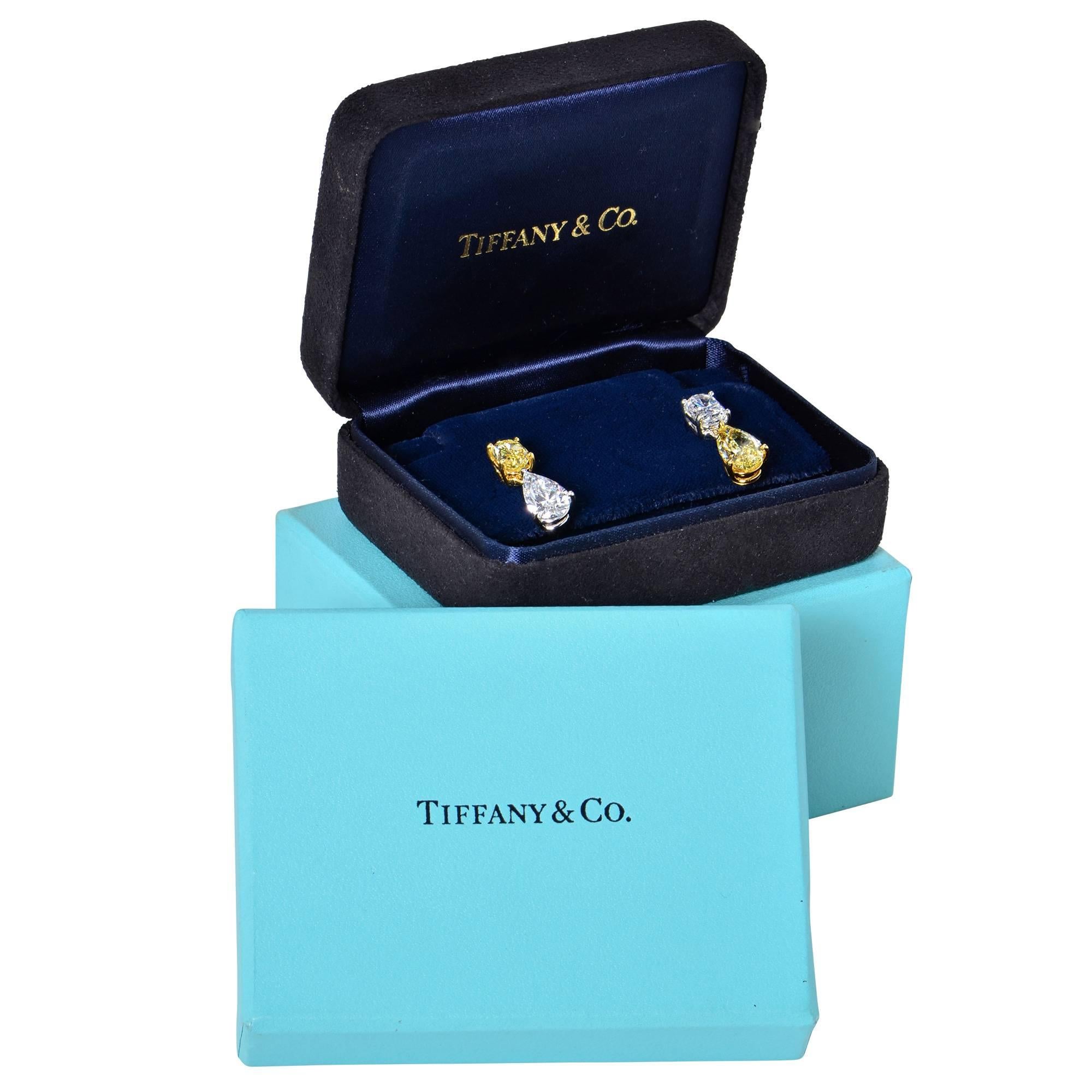 Tiffany & Co. Diamond Gold Platinum Drop Earrings In Excellent Condition In Miami, FL