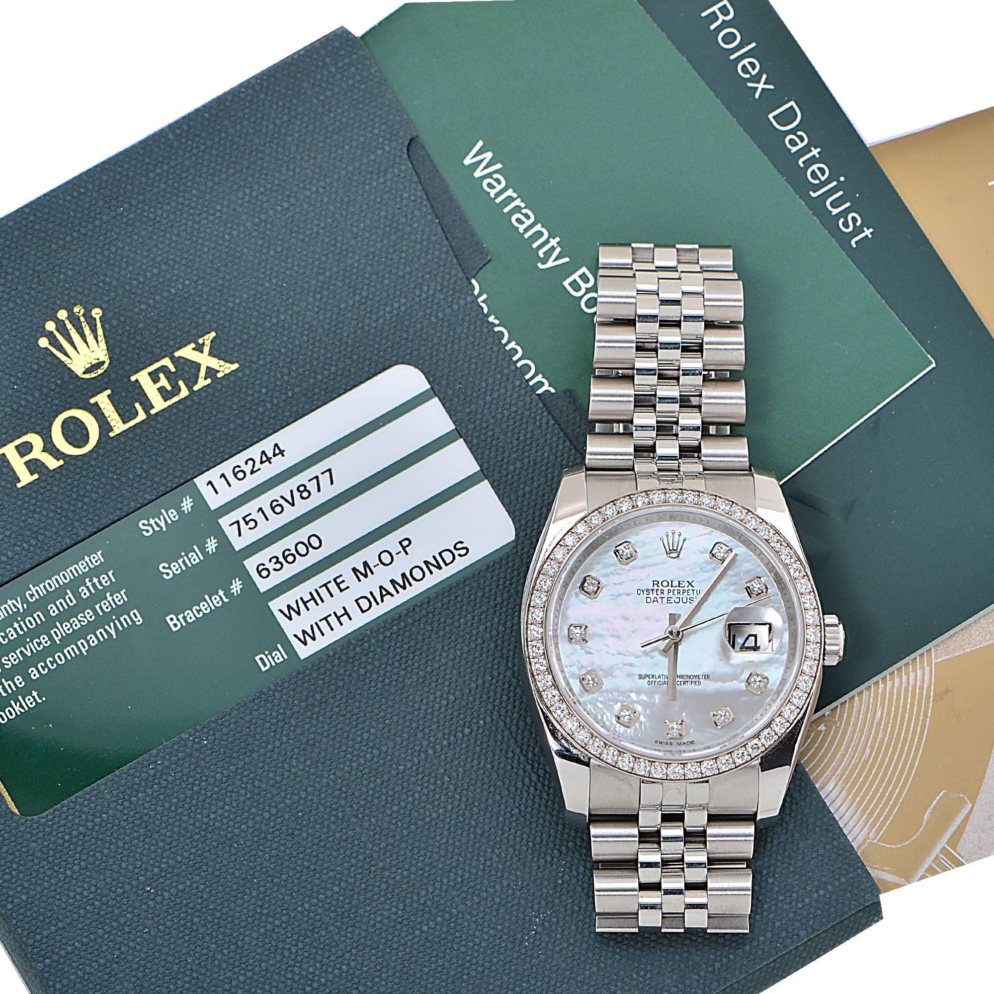 Gold and Stainless Steel Rolex Datejust with Diamond Mother of Pearl Dial and Diamond Bezel with 54 Round Brilliant Cut Diamonds Weighing Approximately 1.35 Carats.

This Rolex Watch is Accompanied by Original Paperwork as well as a Retail