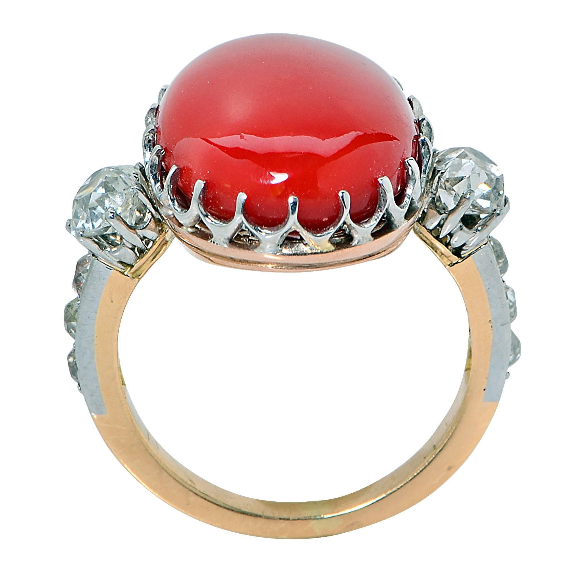 Antiker Korallen & Diamantring Damen