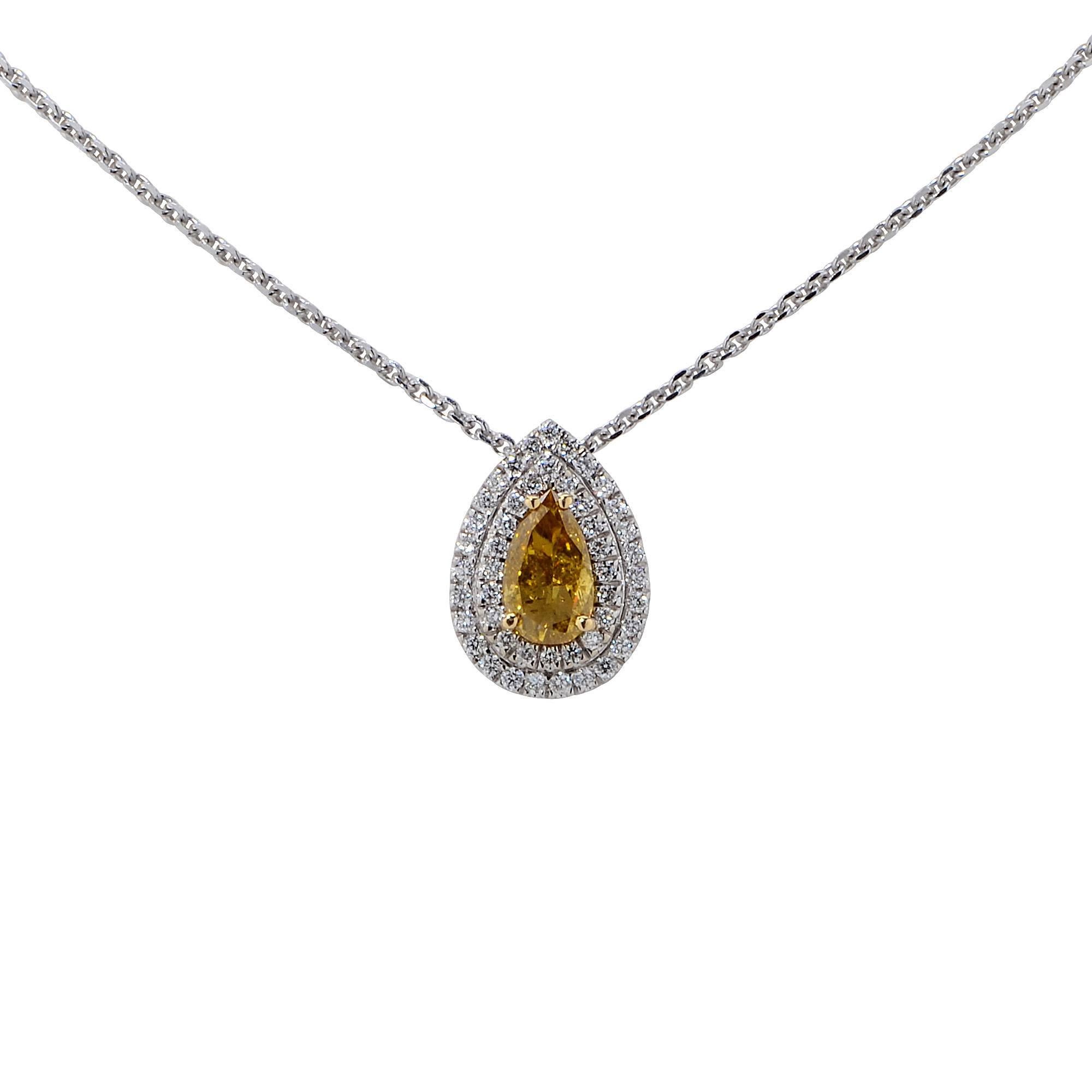 18 Karat White Gold Custom-Made Necklace Featuring a 1.02 Carat Fancy Deep Brownish Yellow Pear Shape Diamond Accented by .34 Carats of Round Brilliant Cut Diamonds, G Color, VS Clarity.

This Necklace is Accompanied by a GIA Report as well as a