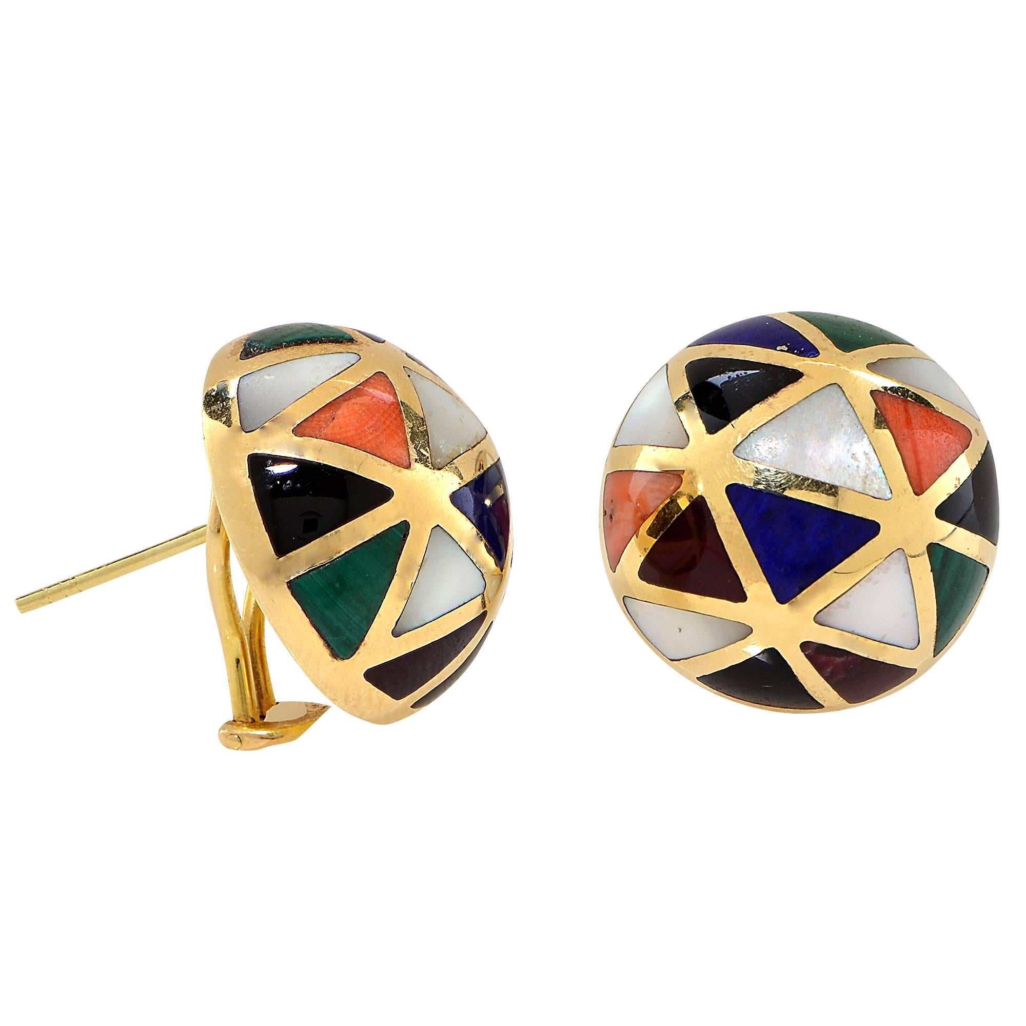 Asch Grossbardt Earrings Featuring Triangular Cut Semiprecious Stones Inlaid in 14 Karat Yellow Gold.

Weight: 13.21 grams

These Earrings are Accompanied by a Retail Appraisal Performed by an Accredited Gemologist.