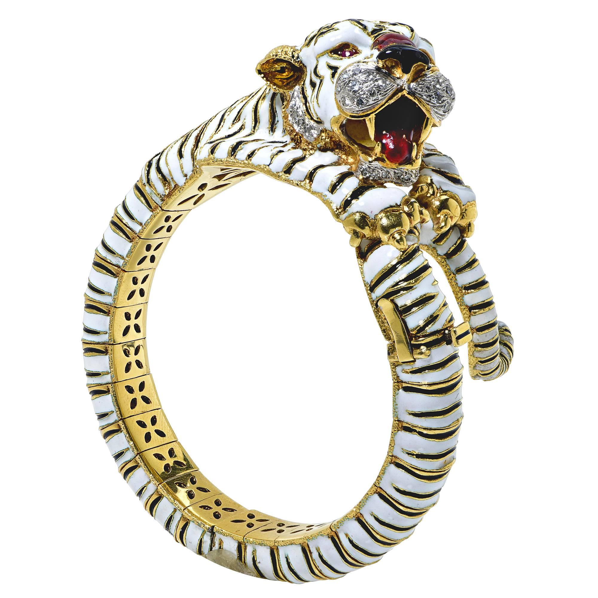 18 Karat Yellow Gold and Enamel Frascarolo Bangle Featuring 25 Round Brilliant Diamonds Weighing Approximately .30 Carats and 2 Ruby Eyes Weighing Approximately .02 Carats.

Length: 7 inch
Weight: 144.61 grams

This Bracelet is Accompanied by a