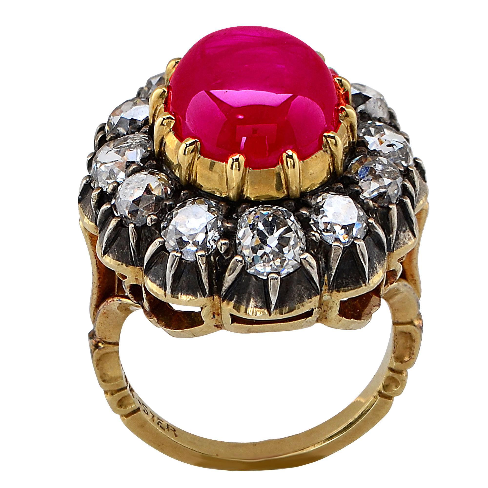Old European Cut 12.84 Carat GIA Cert Burma Ruby Diamond Gold Ring