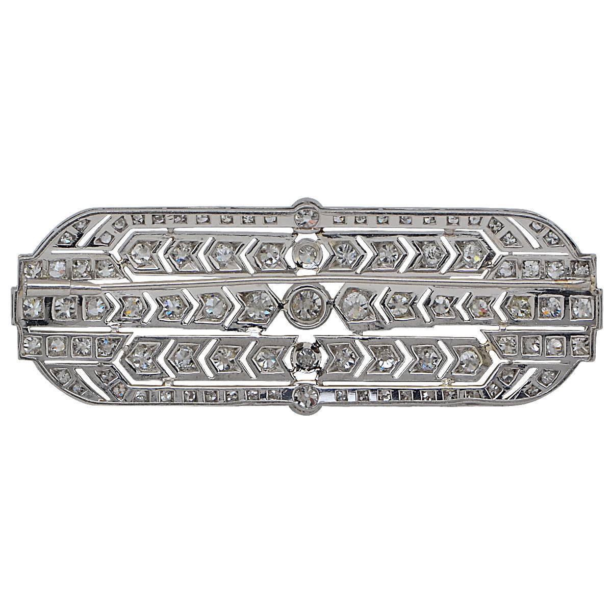 Platinum Deco Diamond Brooch Featuring 95 Old European Cut Diamonds with an Estimated Total Weight of 10 Carats, F Color, VS Clarity.

Weight: 29.85 grams

This Brooch is Accompanied by a Retail Appraisal Performed by an Accredited Gemologist.