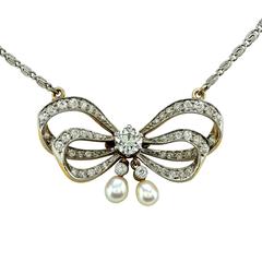Antique Victorian Tiffany & Co. Natural Pearl Diamond Platinum Pendant Necklace