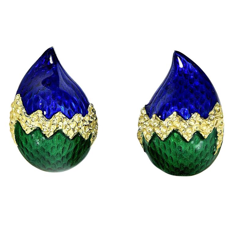 Enamel Gold Clip On Earrings For Sale at 1stdibs