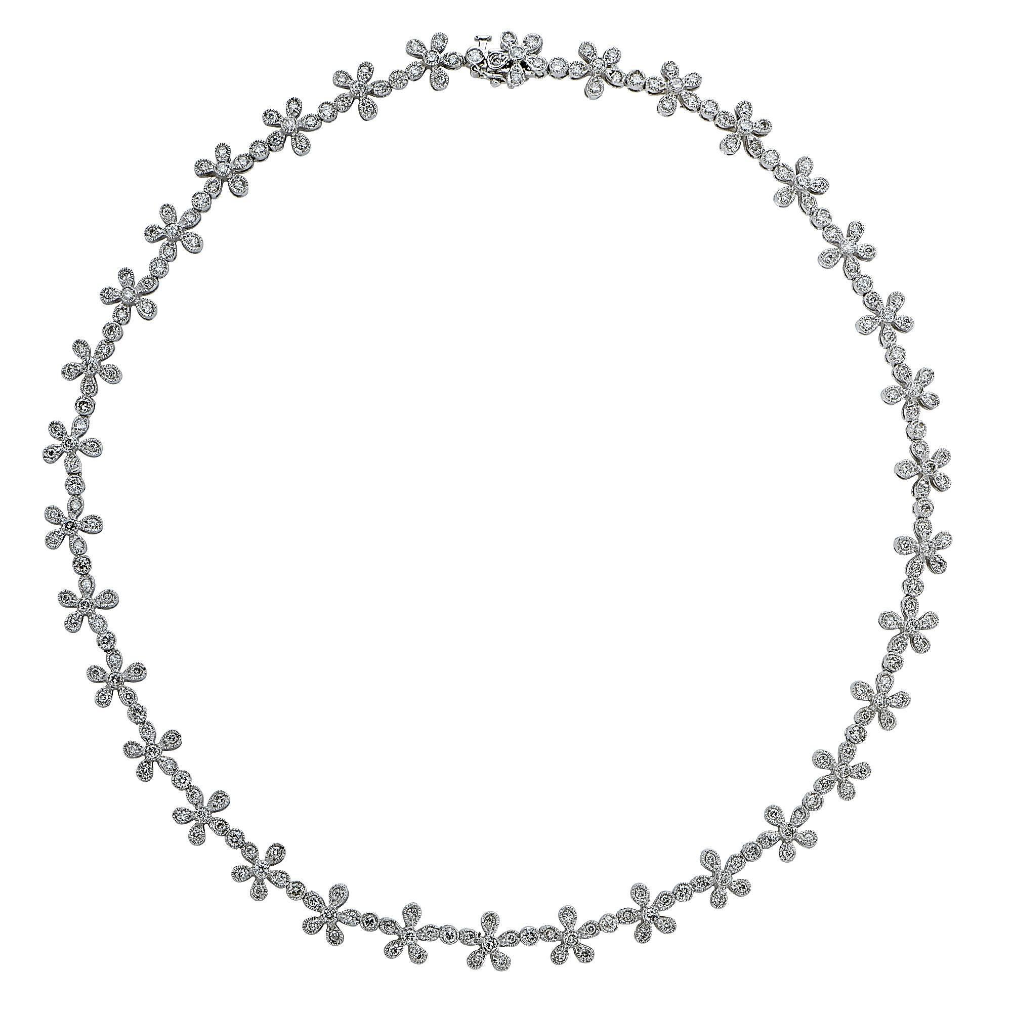 18k white gold necklace featuring 238 round brilliant cut diamonds weighing approximately 5.60cts total, G color, VS-SI clarity.

Metal weight: 27.67 grams

This diamond necklace is accompanied by a retail appraisal performed by a Graduate