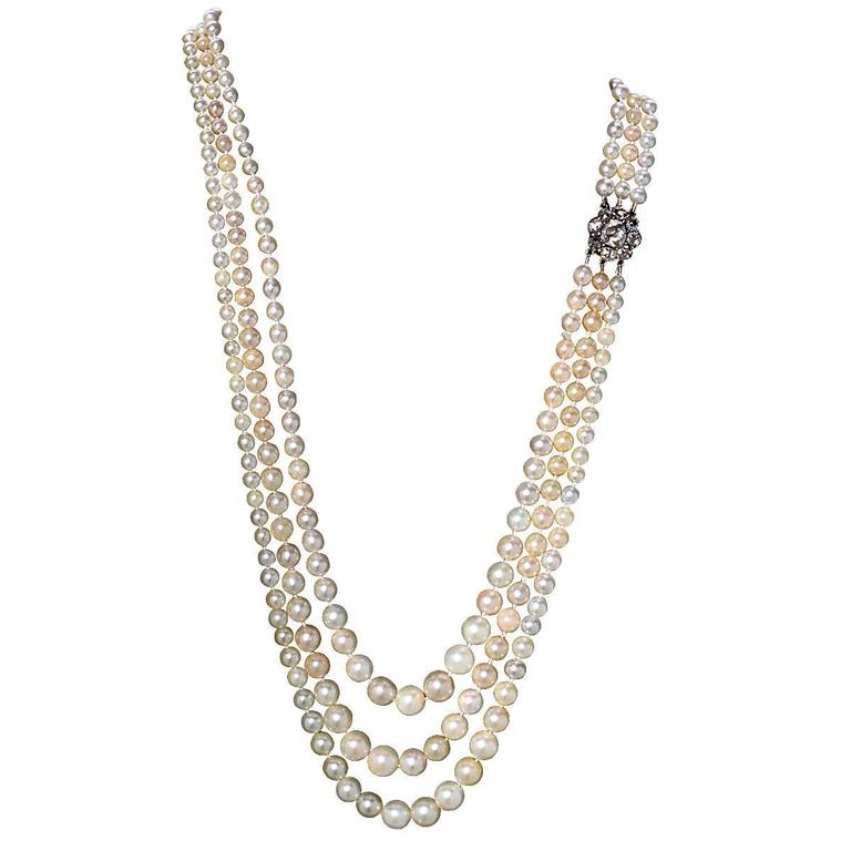 7 Strand Pearl Necklace with Diamond Gold Clasp at 1stDibs
