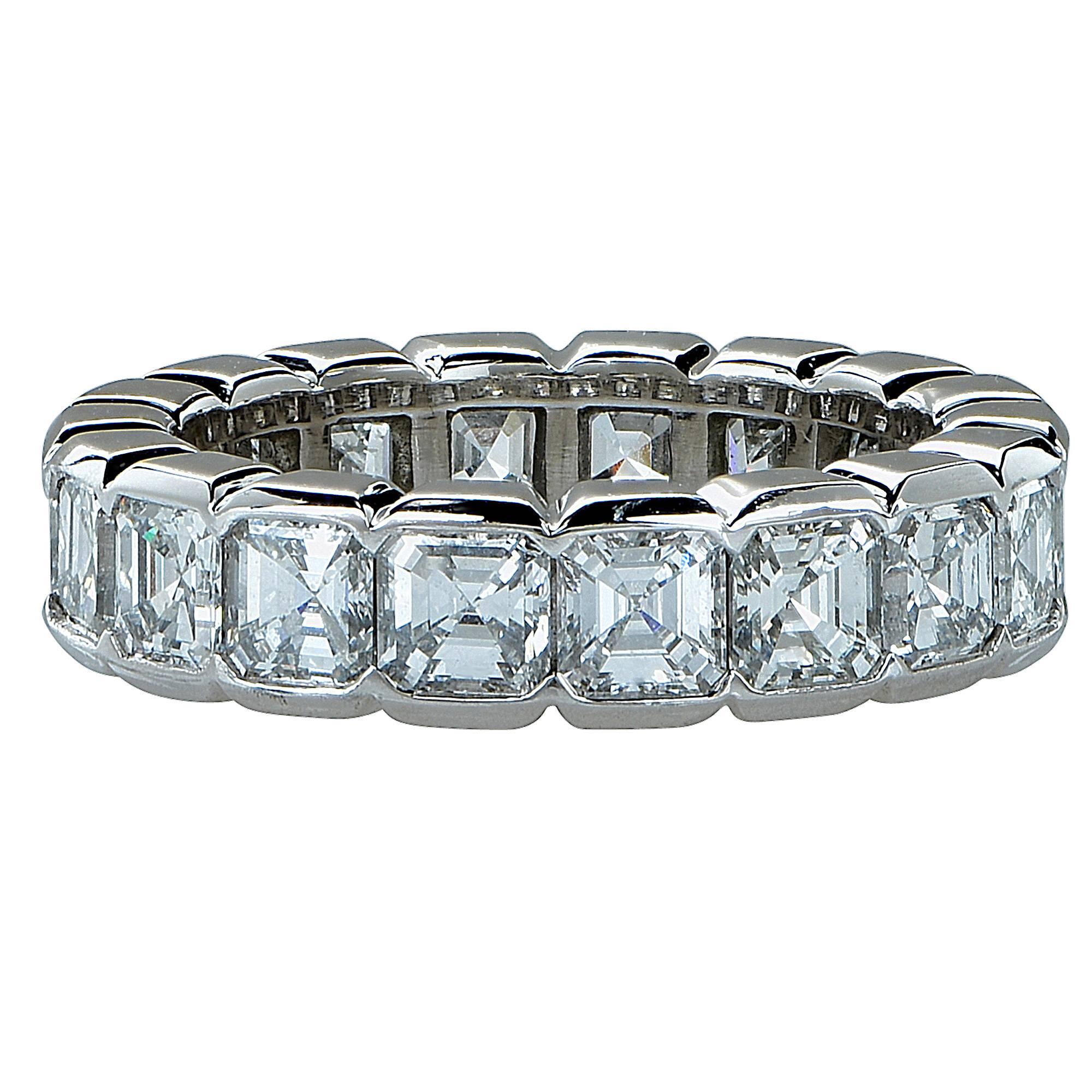 Spectacular Vivid Diamonds eternity band crafted by hand in platinum showcasing 18 perfectly matched hand selected asscher cut diamonds weighing of 3.74 carats total, D-F color, VS clarity. The diamonds are set in a seamless sea of eternity creating