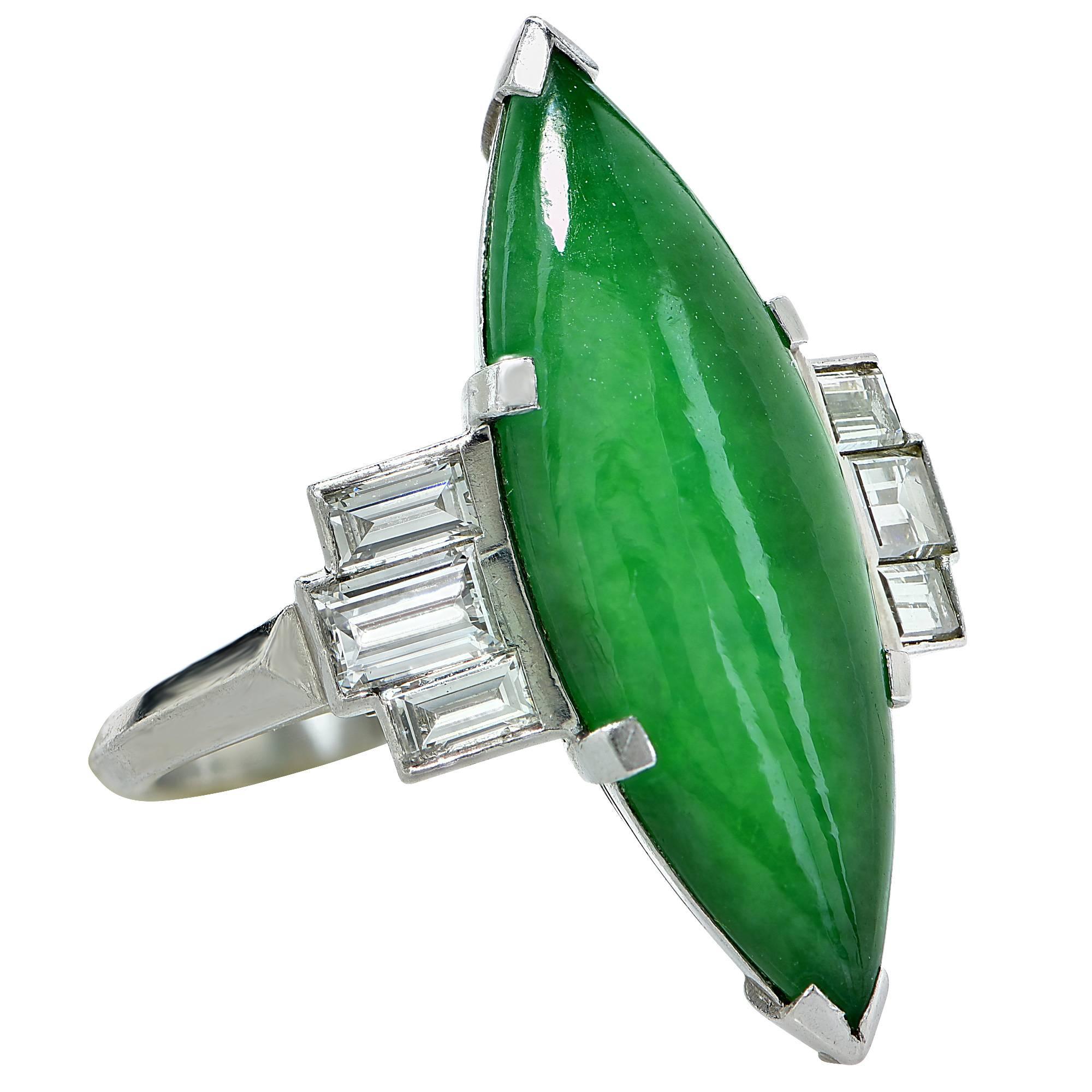 Baguette Cut Circa 1950s GIA Graded Natural Jadeite Jade Diamond Platinum Ring For Sale