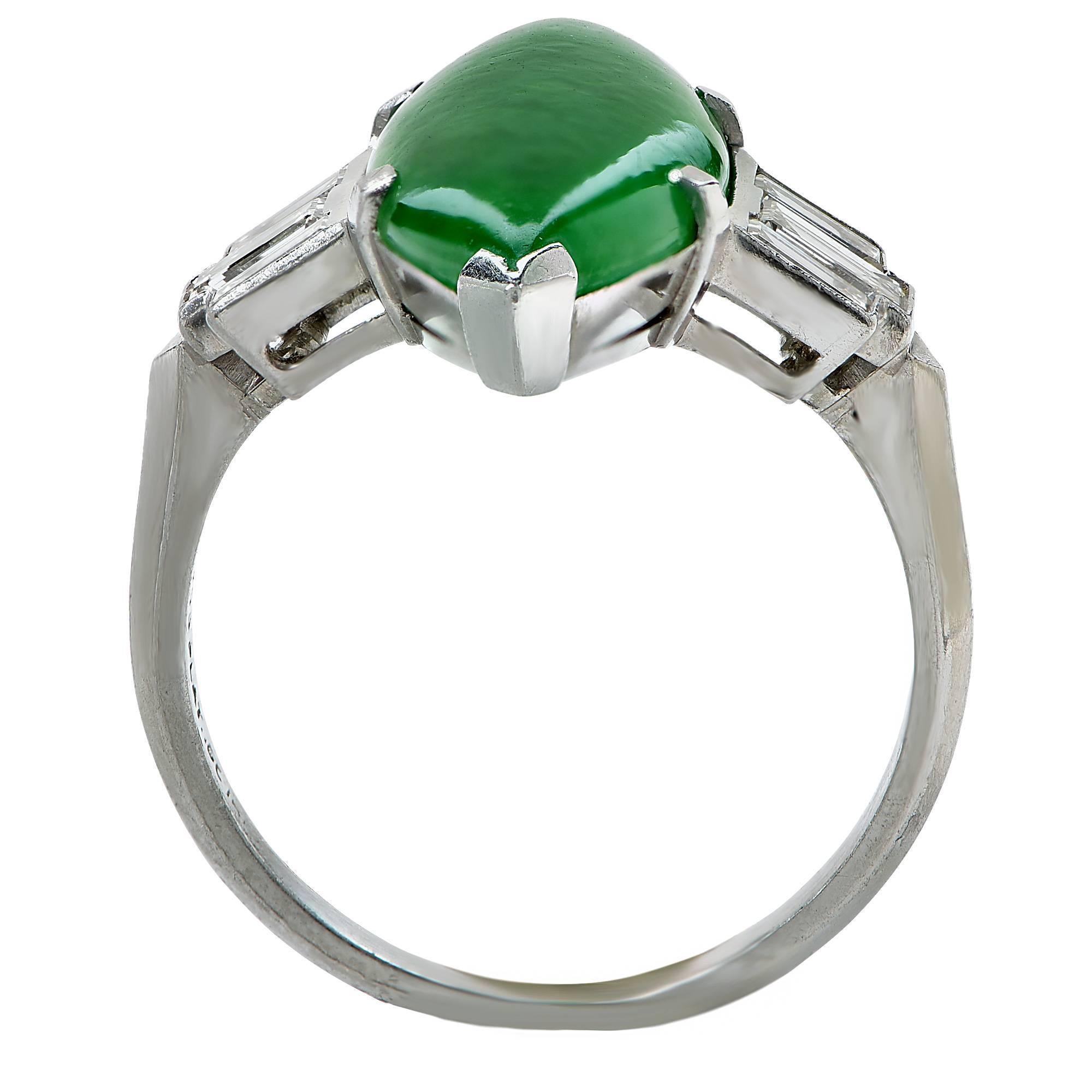 Circa 1950s GIA Graded Natural Jadeite Jade Diamond Platinum Ring In Excellent Condition For Sale In Miami, FL