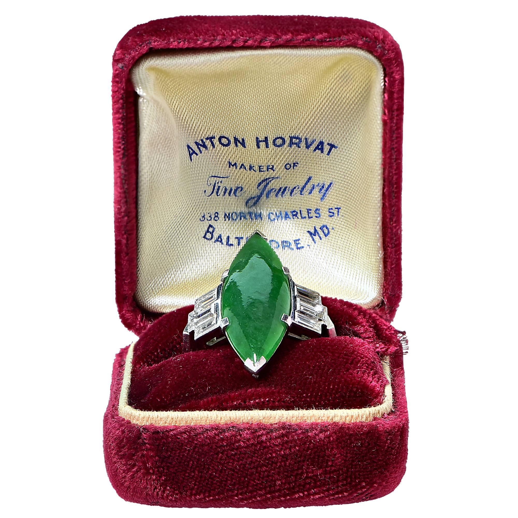 Women's Circa 1950s GIA Graded Natural Jadeite Jade Diamond Platinum Ring For Sale