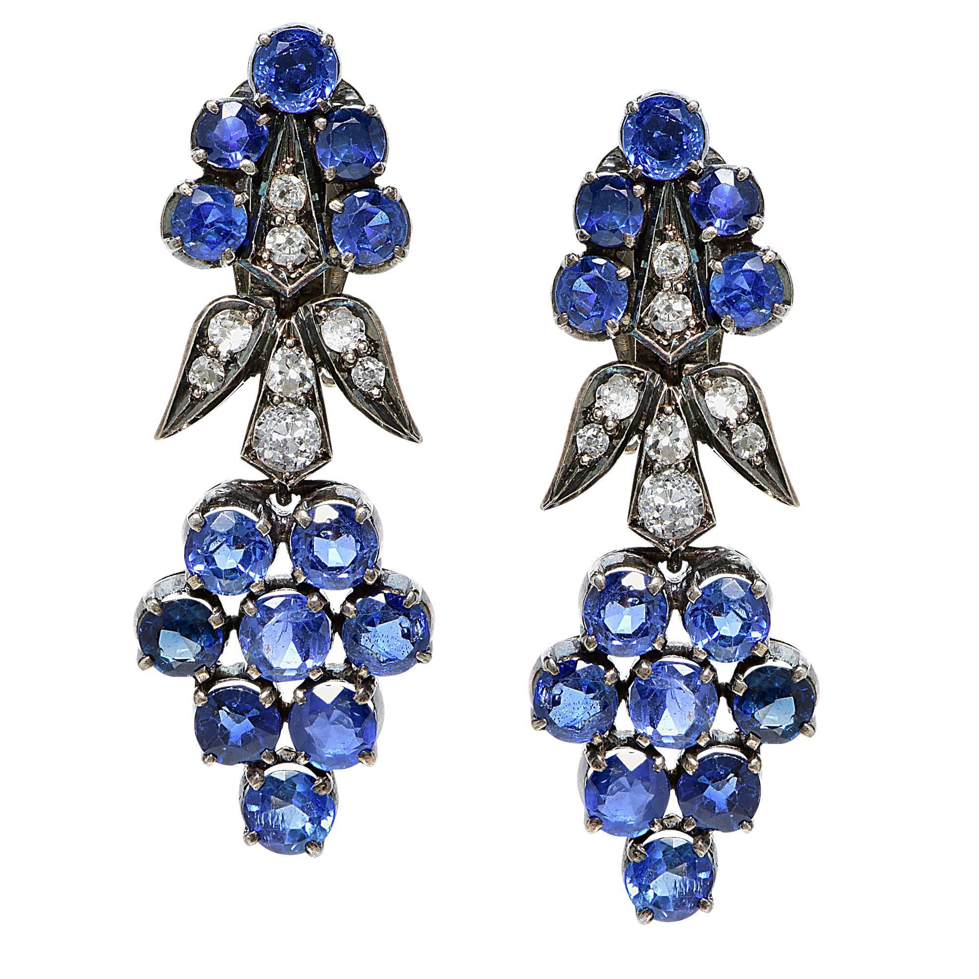 Women's Antique Sapphire Diamond Silver Earring Set