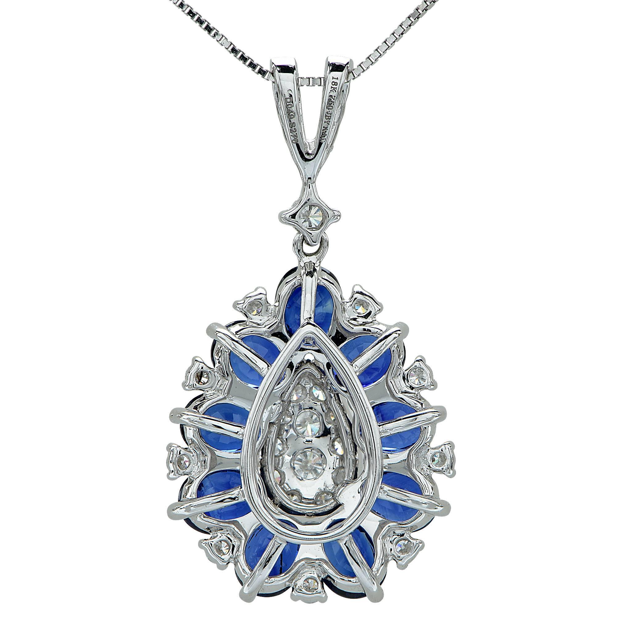 14k white gold necklace featuring 9 sapphires weighing approximately 3.00cts accompanied by 32 round brilliant cut diamonds weighing approximately .45cts total, G color, SI clarity.

Metal weight: 4.19 grams

This sapphire and diamond pendant
