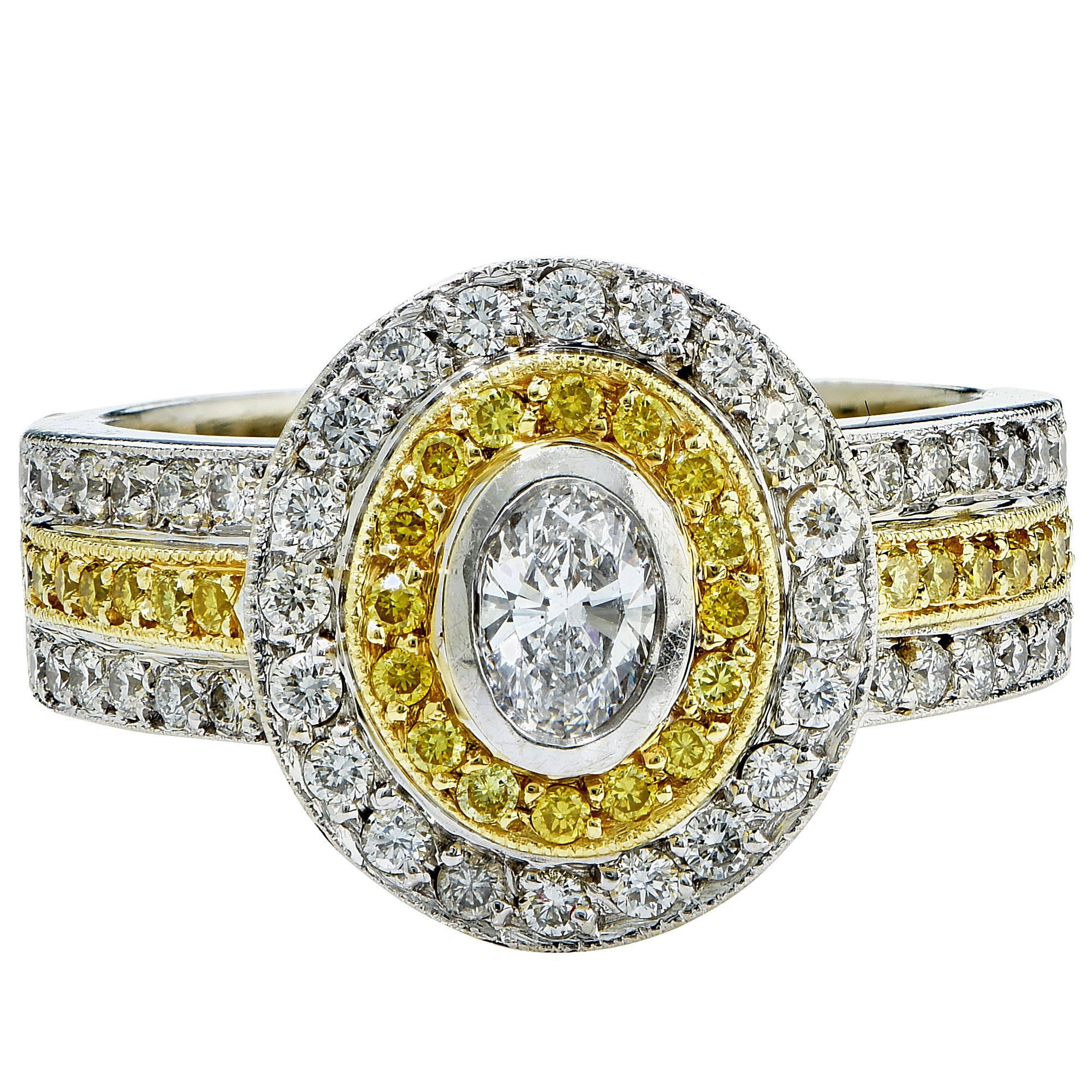 18k two tone gold ring featuring a oval cut diamond weighing approximately .33cts accented by 74 round brilliant cut diamonds weighing approximately .95cts total.

Ring size: 6 (can be sized up or down free of charge)
Metal weight: 10.96