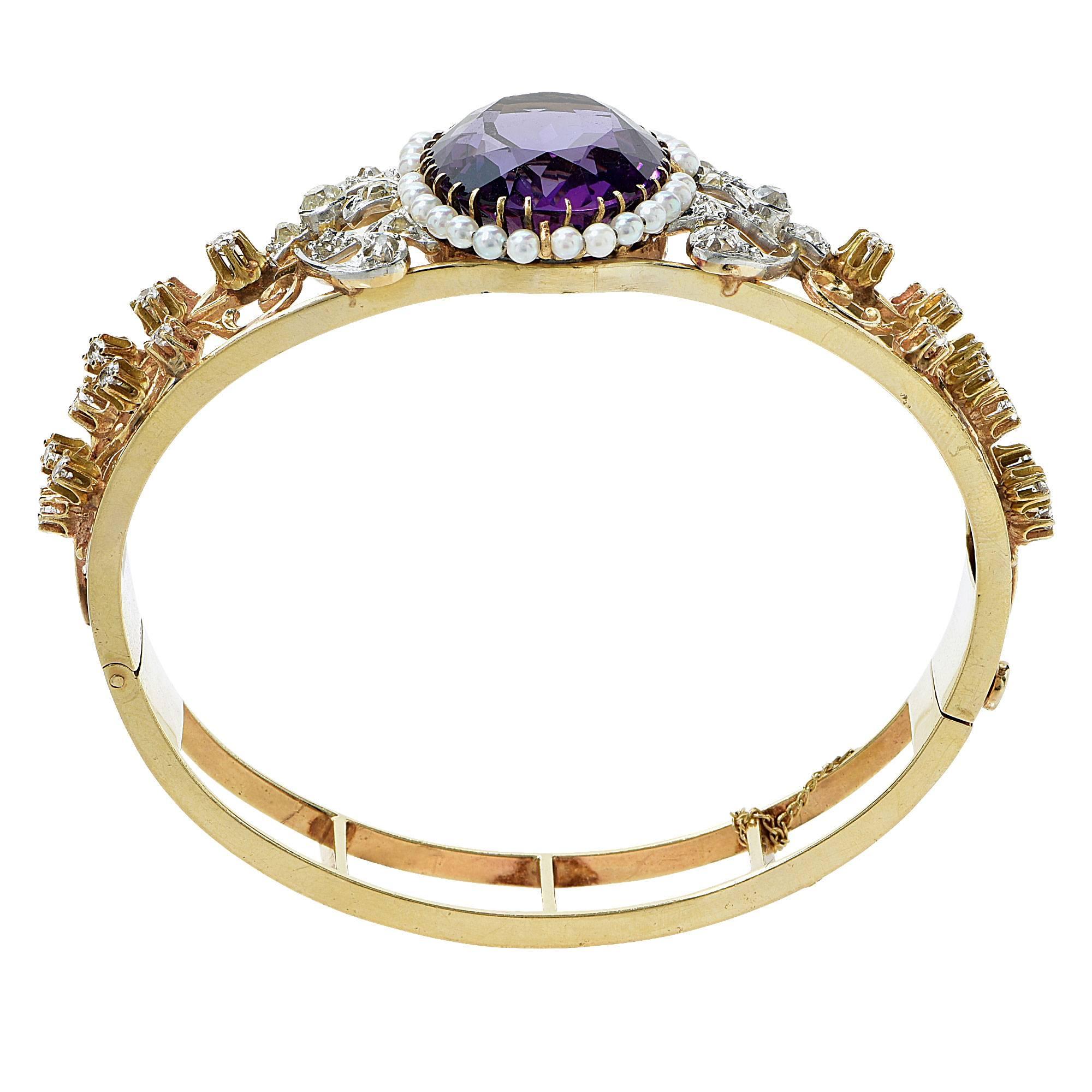 Amethyst Pearl Diamond Gold Victorian Bangle Bracelet In Excellent Condition In Miami, FL