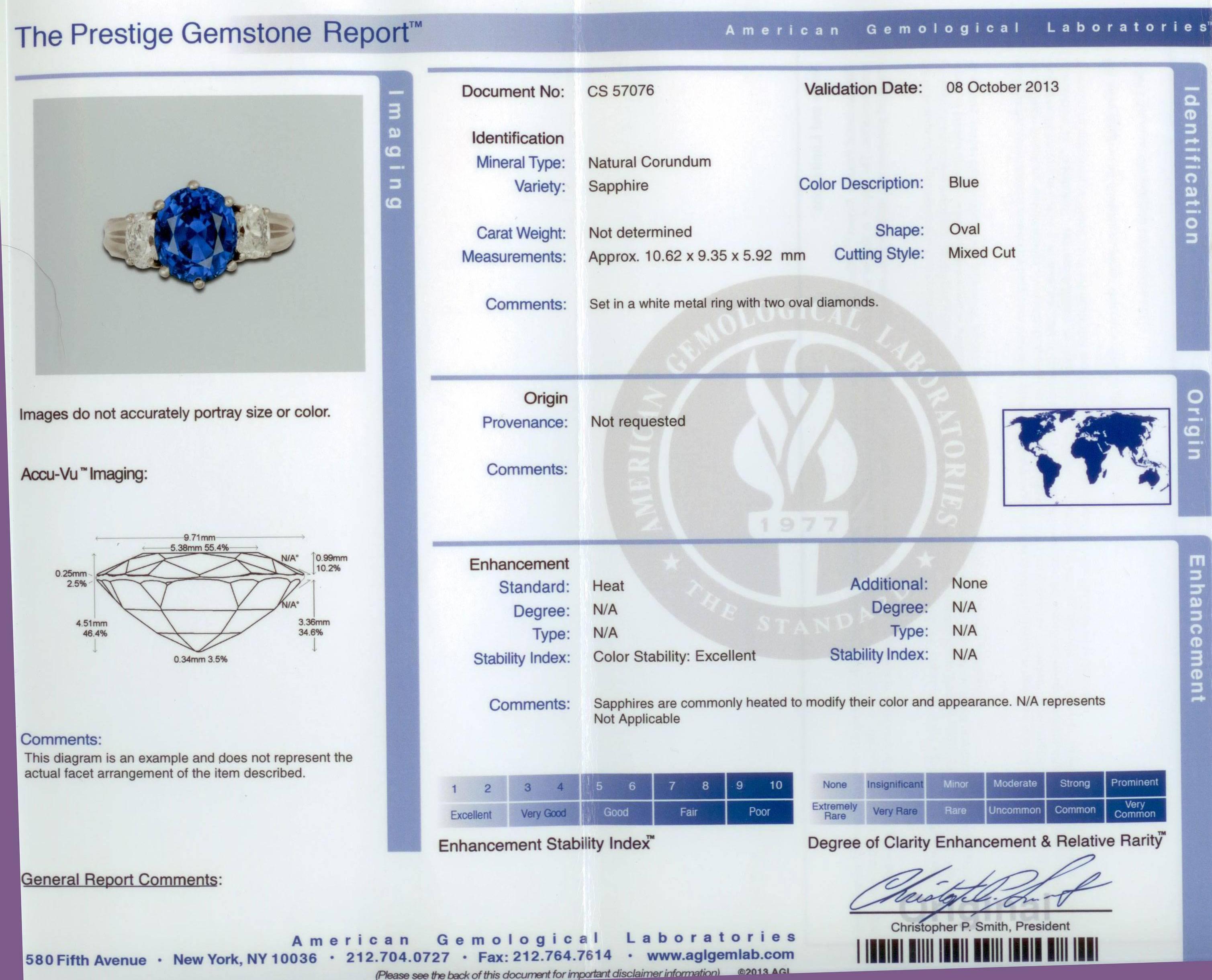 Platinum ring containing a 5.50ct oval cut sapphire flanked by 2 oval cut diamonds weighing approximately 1ct, F color, VS clarity.

Metal weight: 11.50 grams

This diamond and sapphire ring is accompanied by a retail appraisal performed by a