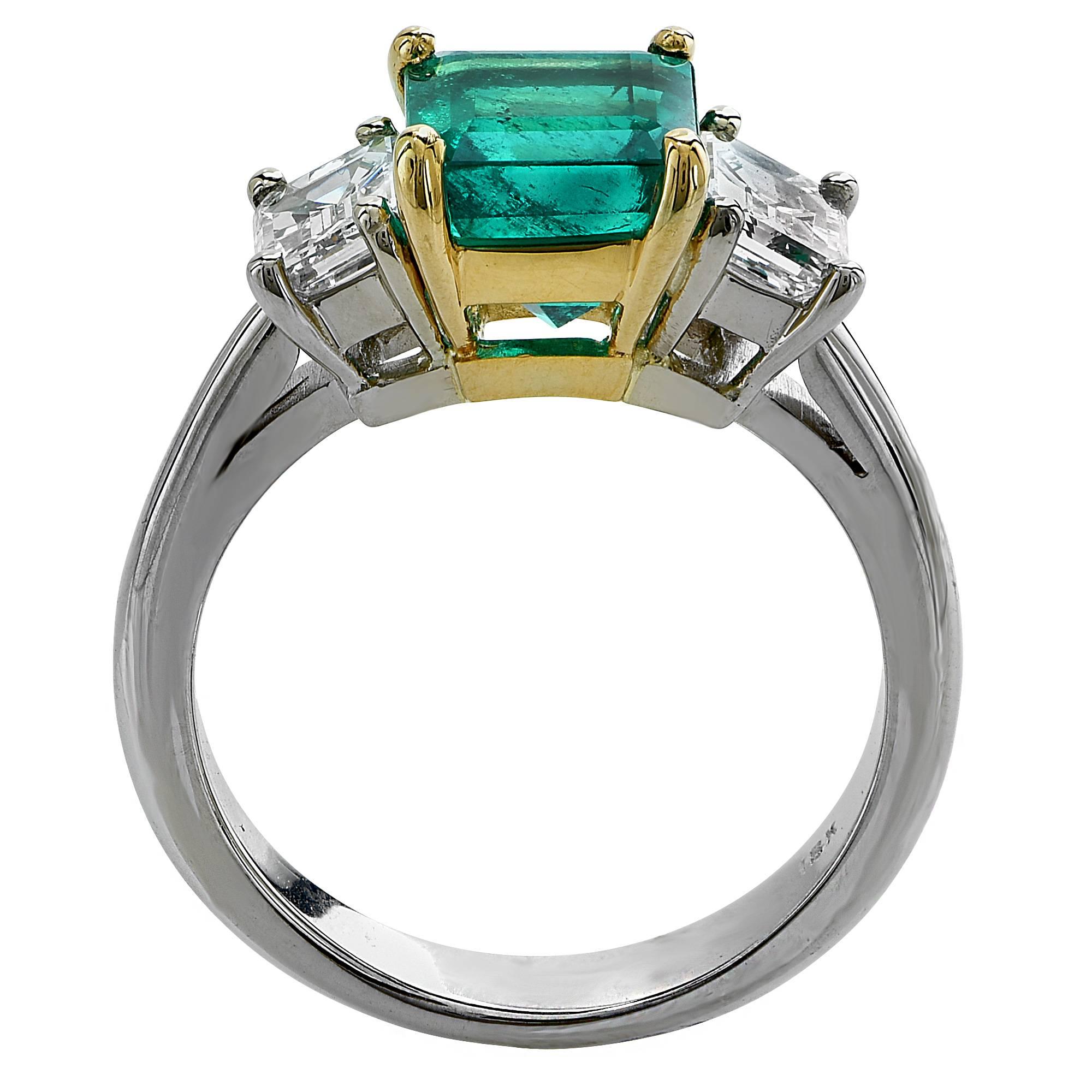 Emerald Cut 2.13 Carat Emerald and 1.05 Carat Diamond Three Stone Ring