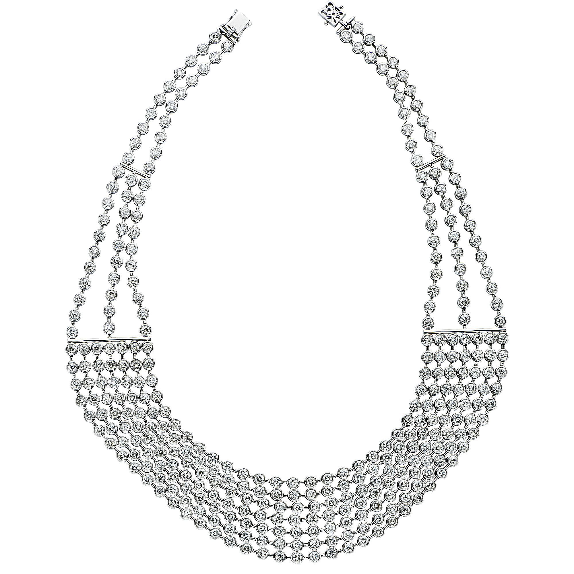 18k white gold necklace containing 333 round brilliant cut diamonds weighing 41.68ct, G color, VS-SI clarity. This gorgeous necklace lies perfectly on the neck.

Metal weight: 110.79 grams

This diamond necklace is accompanied by a retail