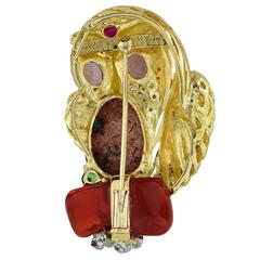 Opal Quartz Diamond Gold Owl Brooch