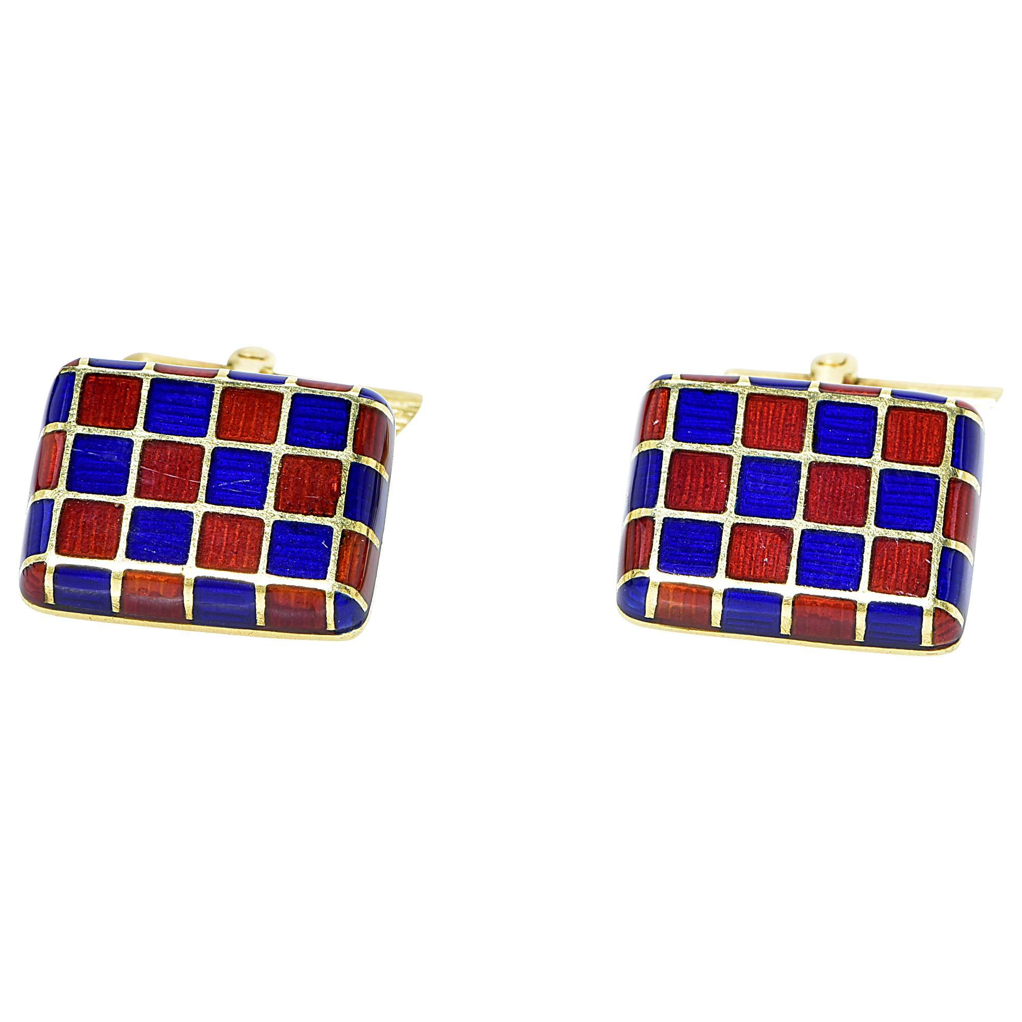 18k yellow gold vintage enamel cuff links.

Metal weight: 16.79 grams

These enamel cuff links are accompanied by a retail appraisal performed by a Graduate Gemologist.