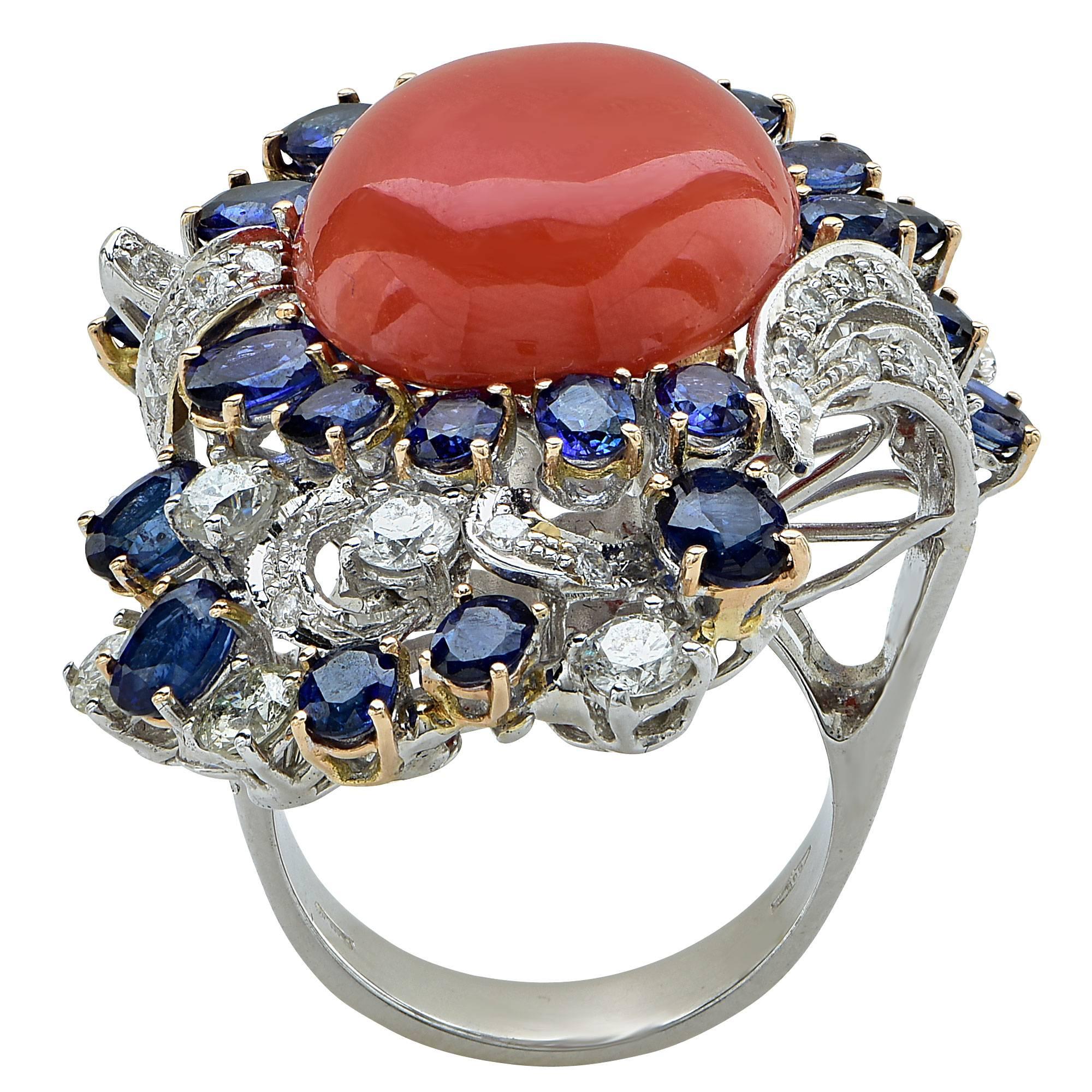 Women's Coral Sapphire Diamond Gold Ring