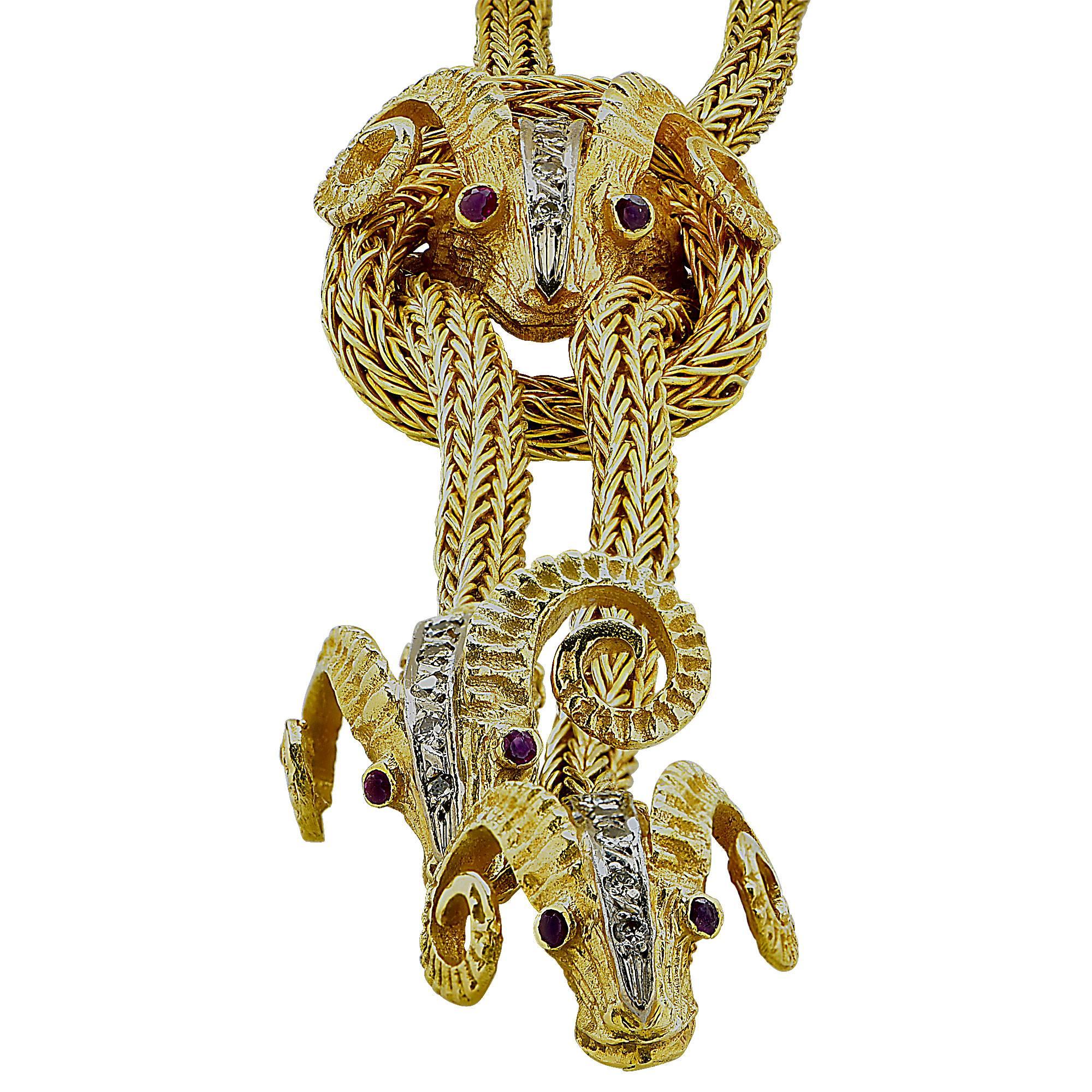 Women's Yellow Gold Rams Head Motive Lariat Necklace