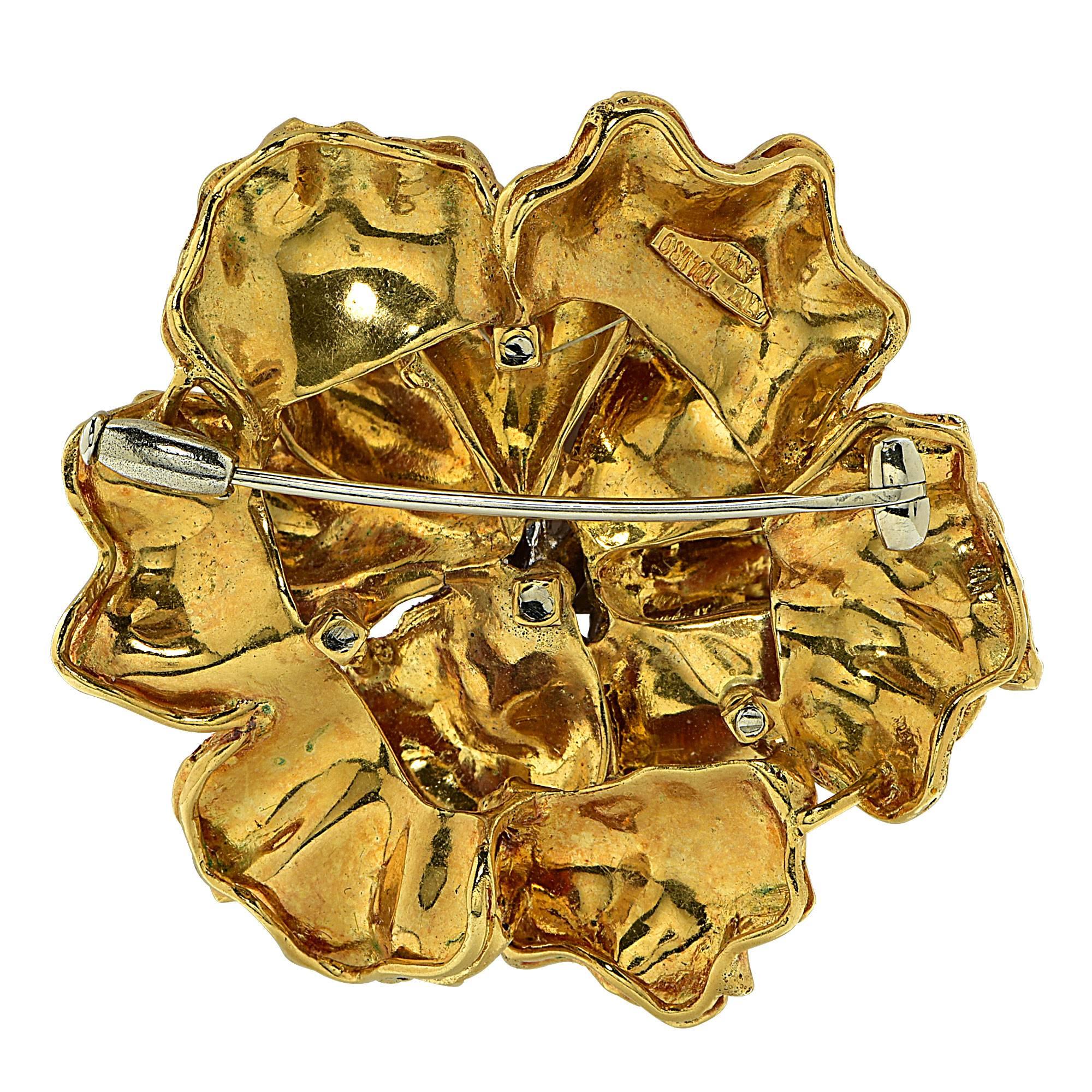 18k yellow gold Toliro enamel brooch featuring 21 single cut diamonds weighing approximately .35cts total G color VS clarity.

This diamond brooch is accompanied by a retail appraisal performed by a GIA Graduate Gemologist.