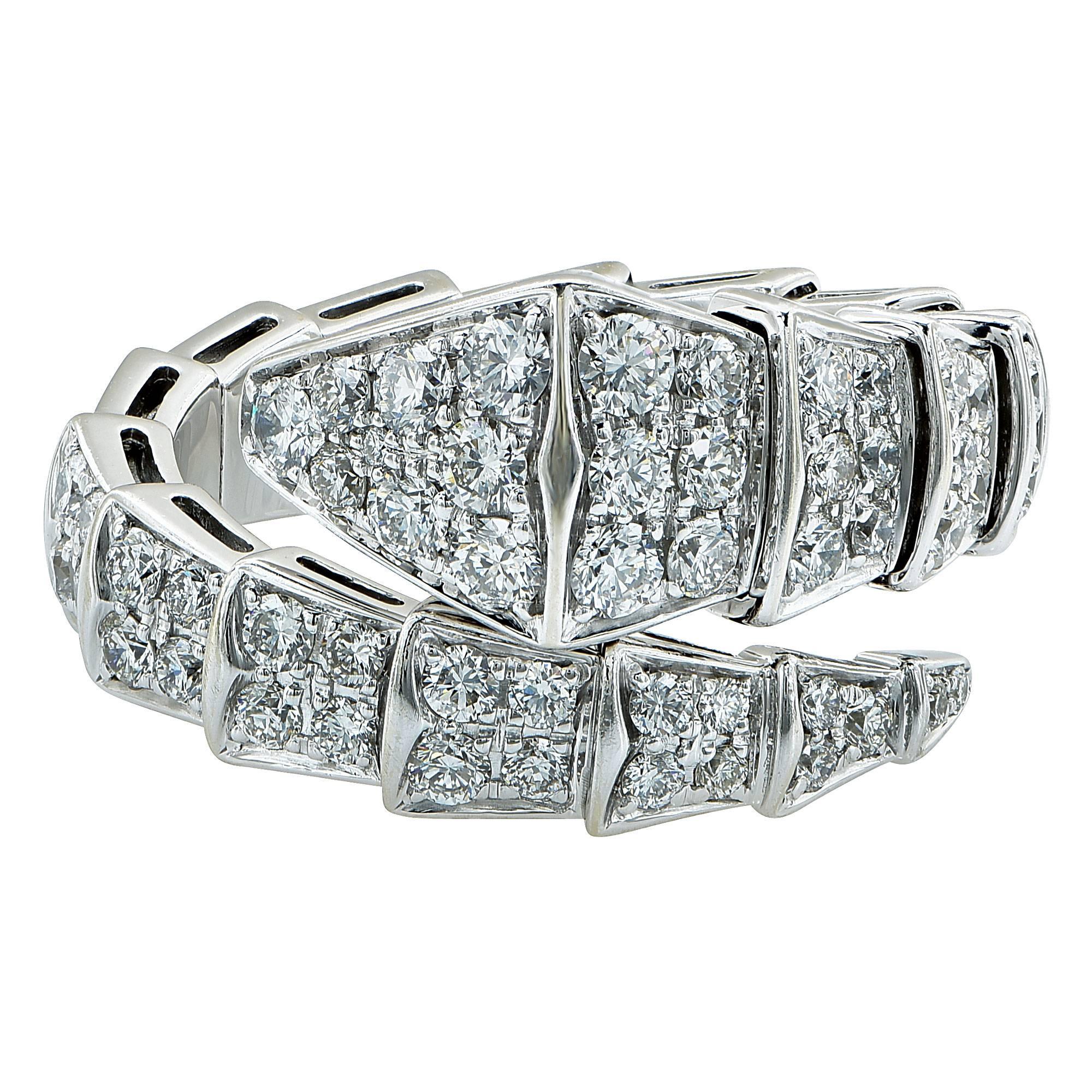18k white gold Bvlgari Serpenti ring featuring 82 round brilliant cut diamonds weighing approximately 1.8cts total F color VS clarity. This ring comes with original box as well as receipt of service from Bvlgari.

Ring size: L (US size 7 to