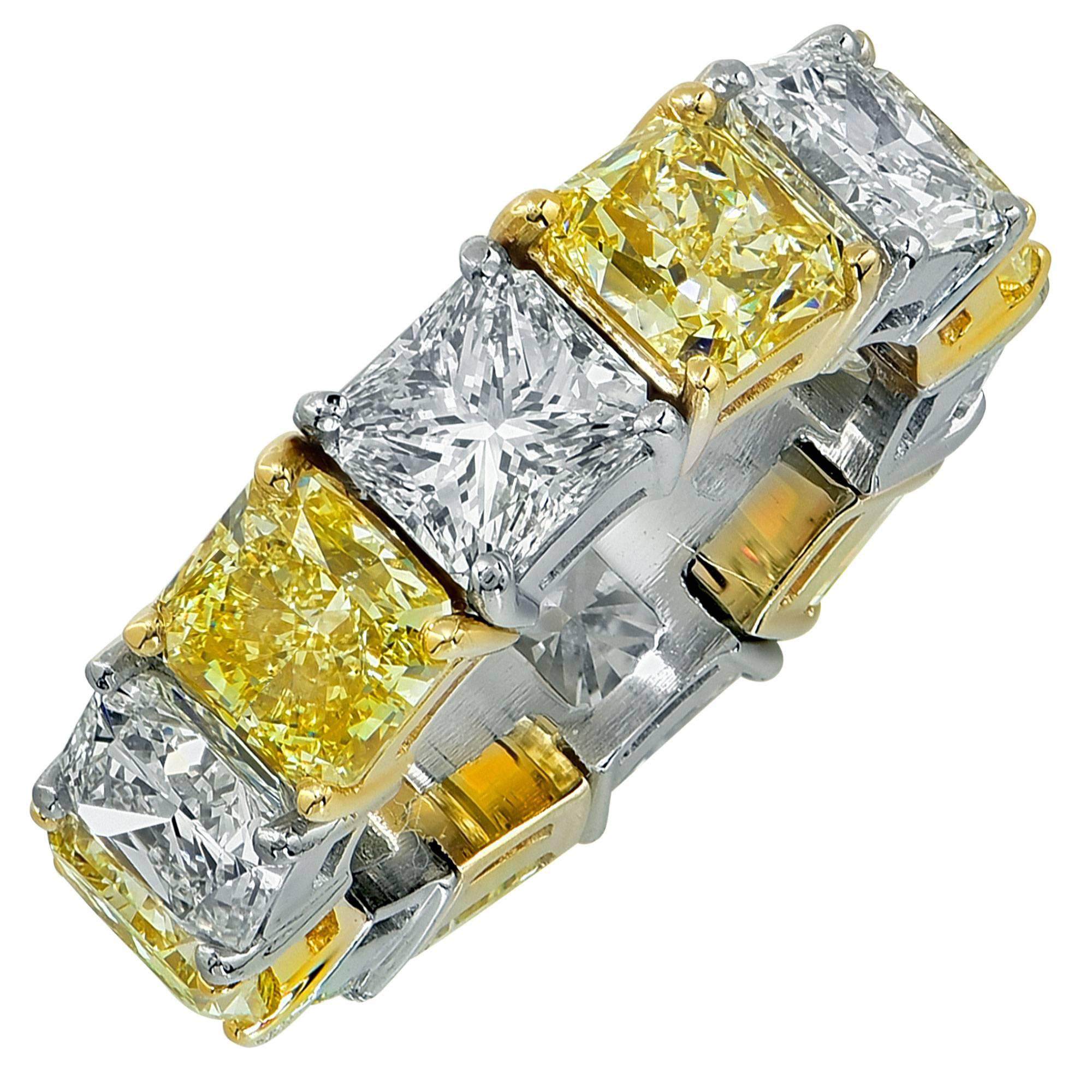 Platinum and 18k yellow gold eternity band featuring 6 GIA graded natural fancy yellow radiant cut diamonds VVS2-VS2 clarity weighing 7.45cts total alternating 6 GIA graded radiant cut diamonds, I-J color VVS2-VS2 clarity weighing 6.22cts