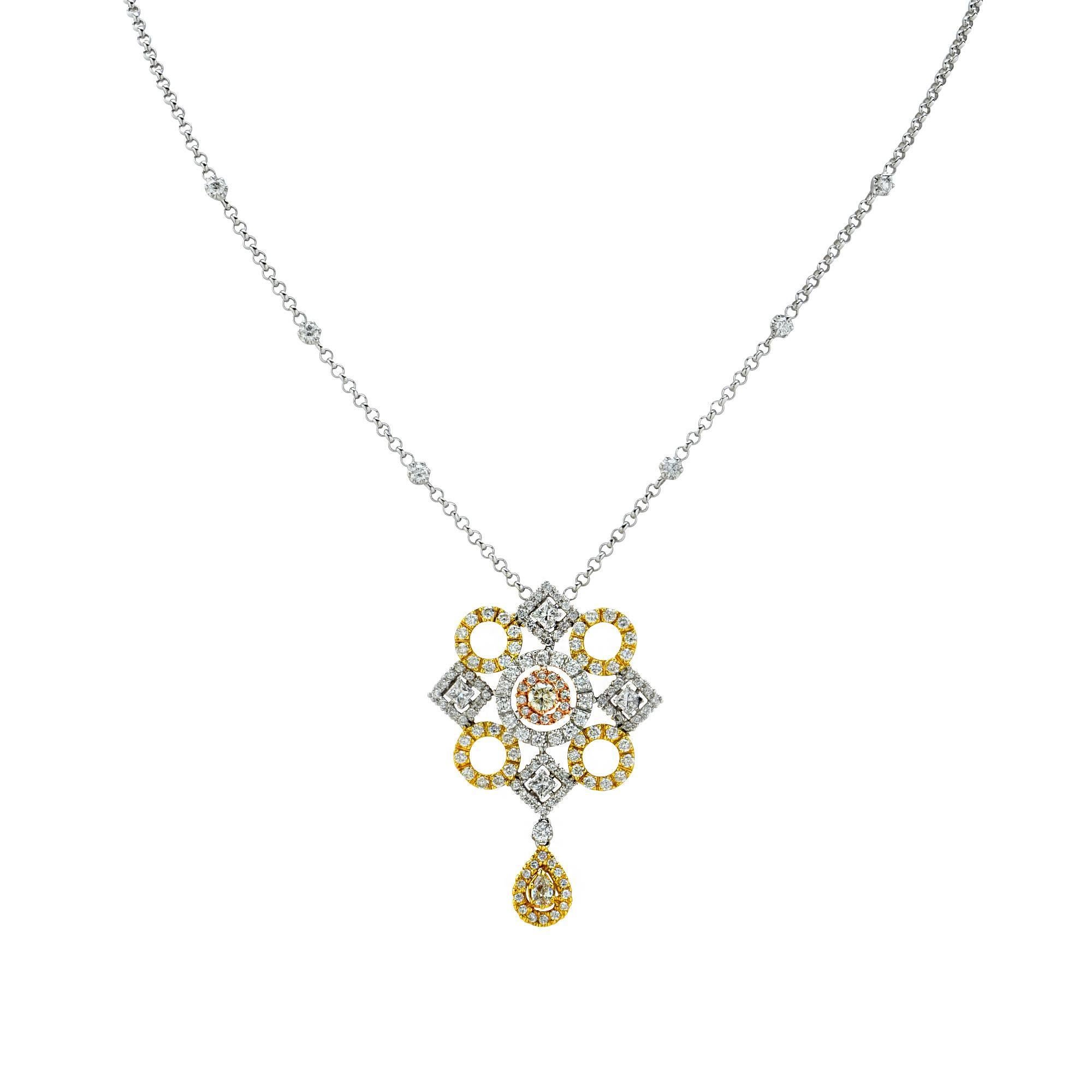 18k white and yellow gold necklace featuring 140 round brilliant, princess and pear shape cut diamonds weighing approximately 2.30cts total, G color, VS clarity.

Metal weight: 8.70 grams

This diamond pendant and necklace is accompanied by a