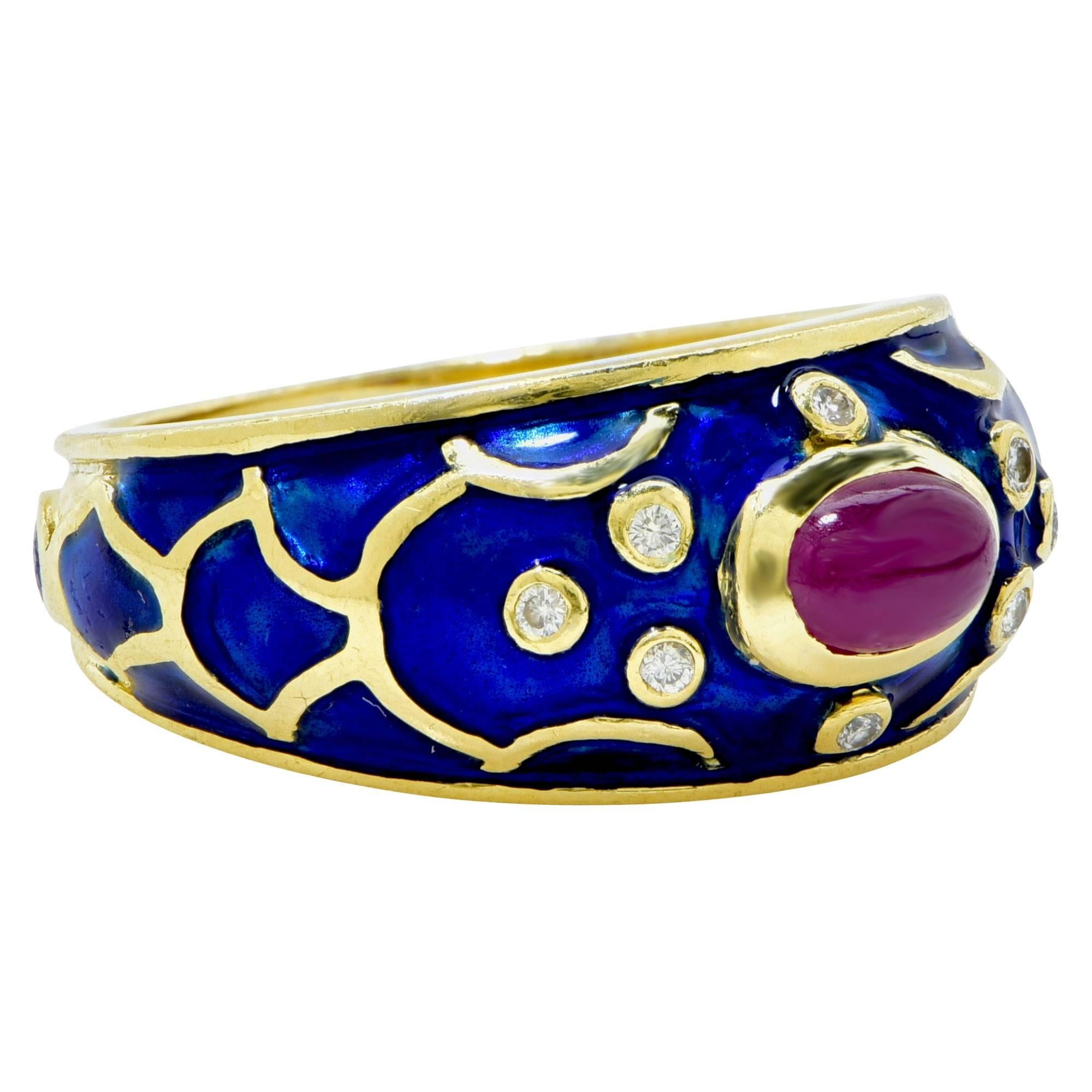 Ruby Diamond Gold Enamel Ring In Excellent Condition In Miami, FL