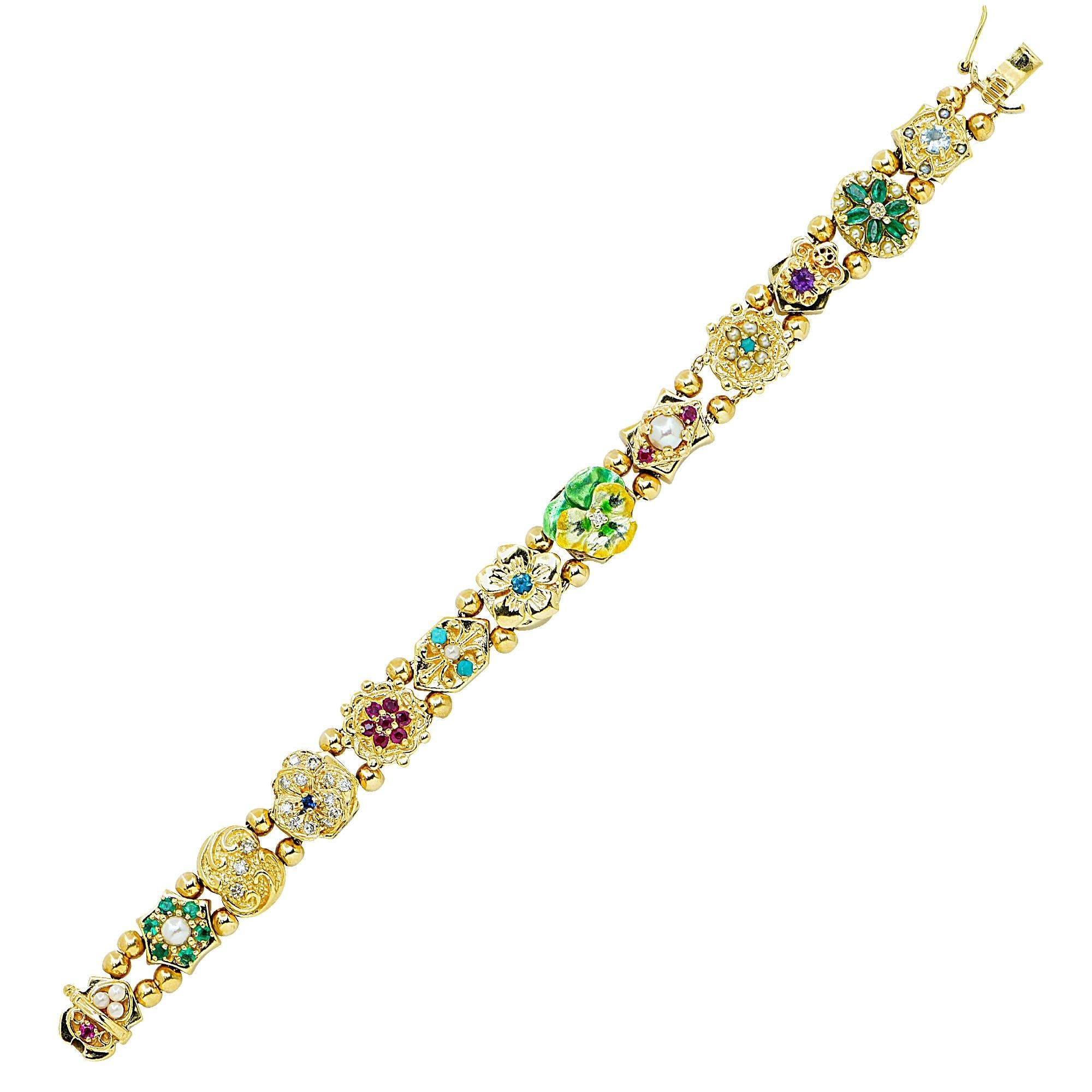 14k yellow gold vintage slide bracelet featuring enamel, pearls, amethyst and round brilliant cut diamonds.

Metal weight: 47.27 grams

This bracelet is accompanied by a retail appraisal performed by a GIA Graduate Gemologist.