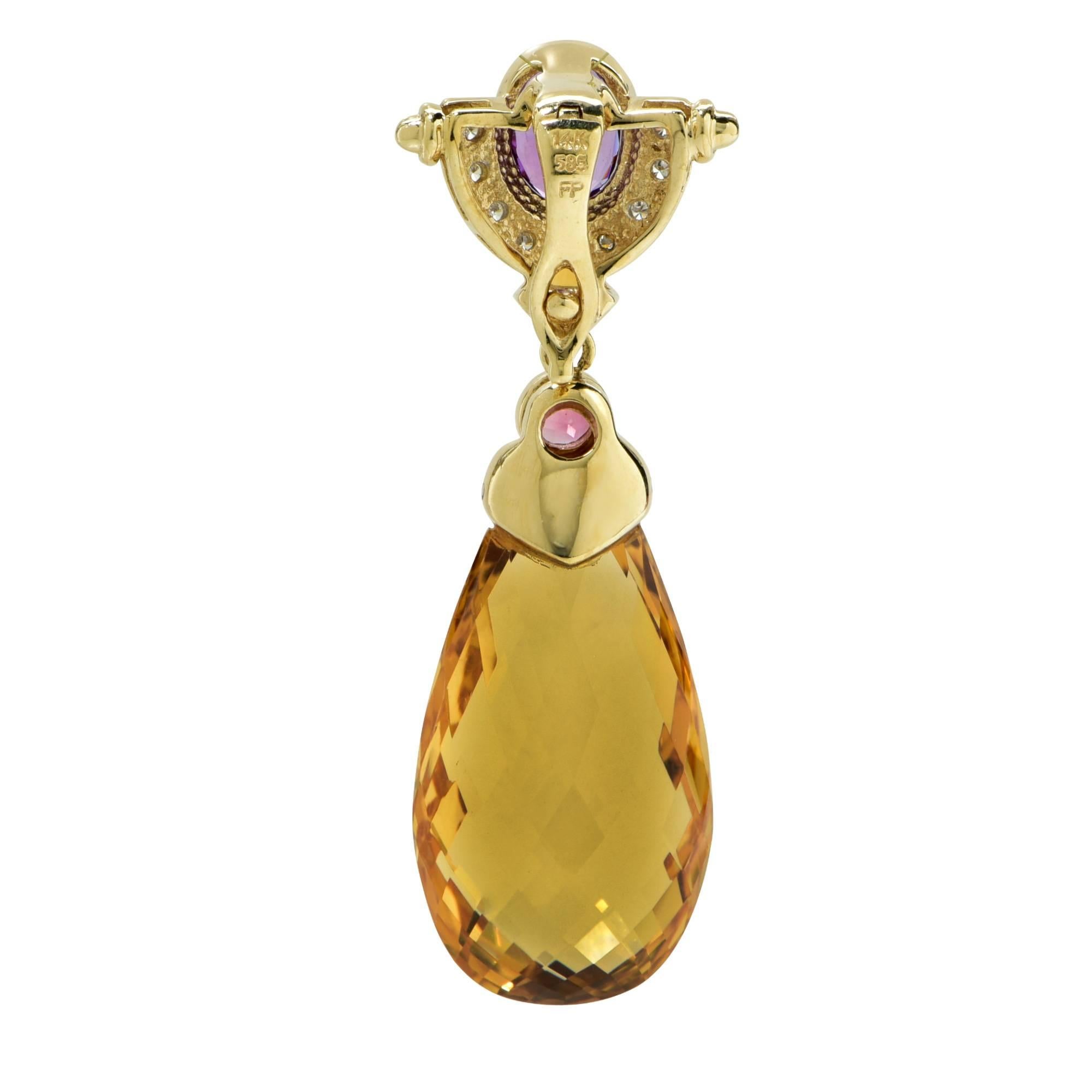 14k yellow gold pendant featuring a briolette cut citrine accented by amethyst, garnet and approximately .25cts of round brilliant cut diamonds G color VS clarity.

Metal weight: 9.33 grams

This pendant is accompanied by a retail appraisal
