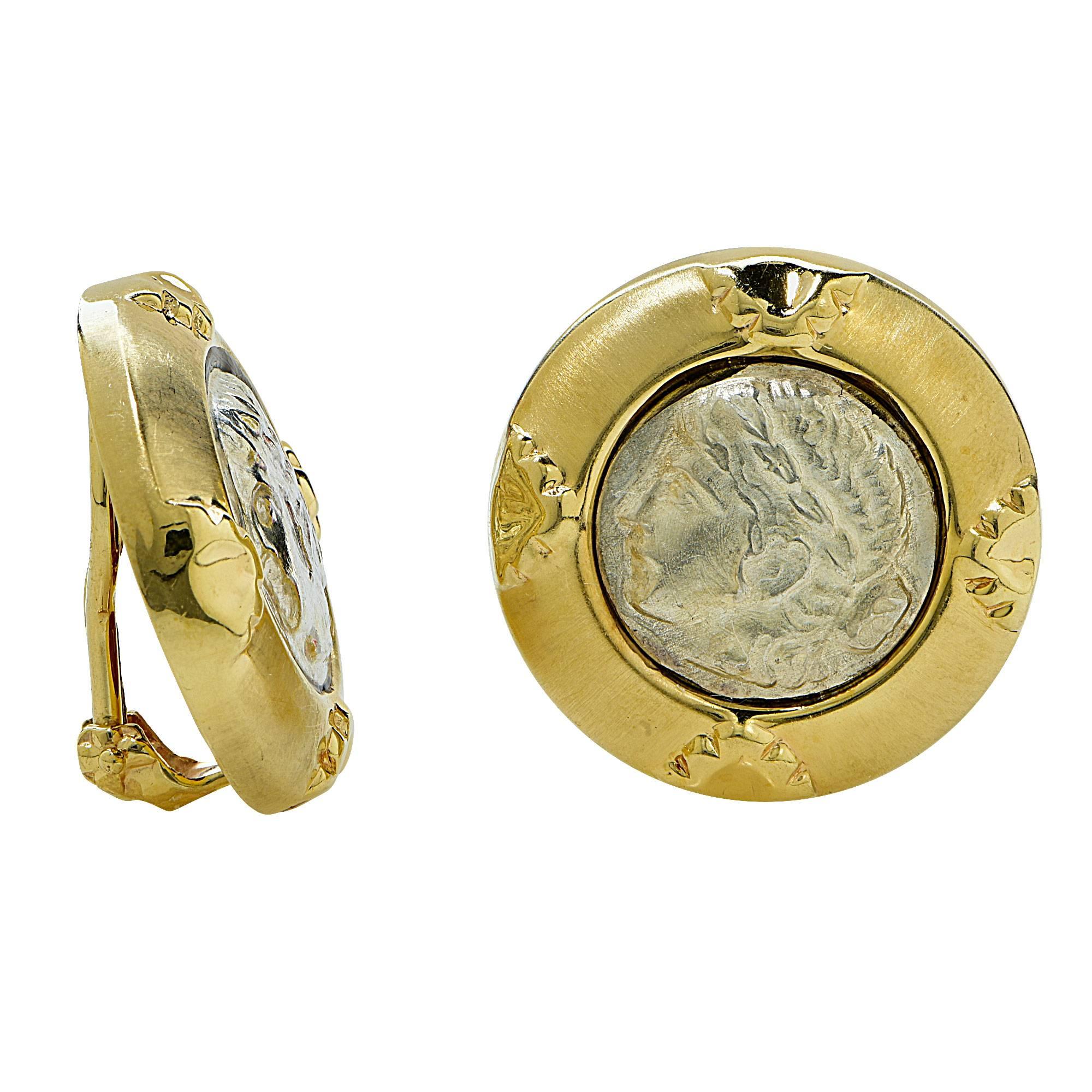 14k yellow gold roman style coin earrings.

Metal weight: 8.24 grams

These earrings are accompanied by a retail appraisal performed by a GIA Graduate Gemologist.