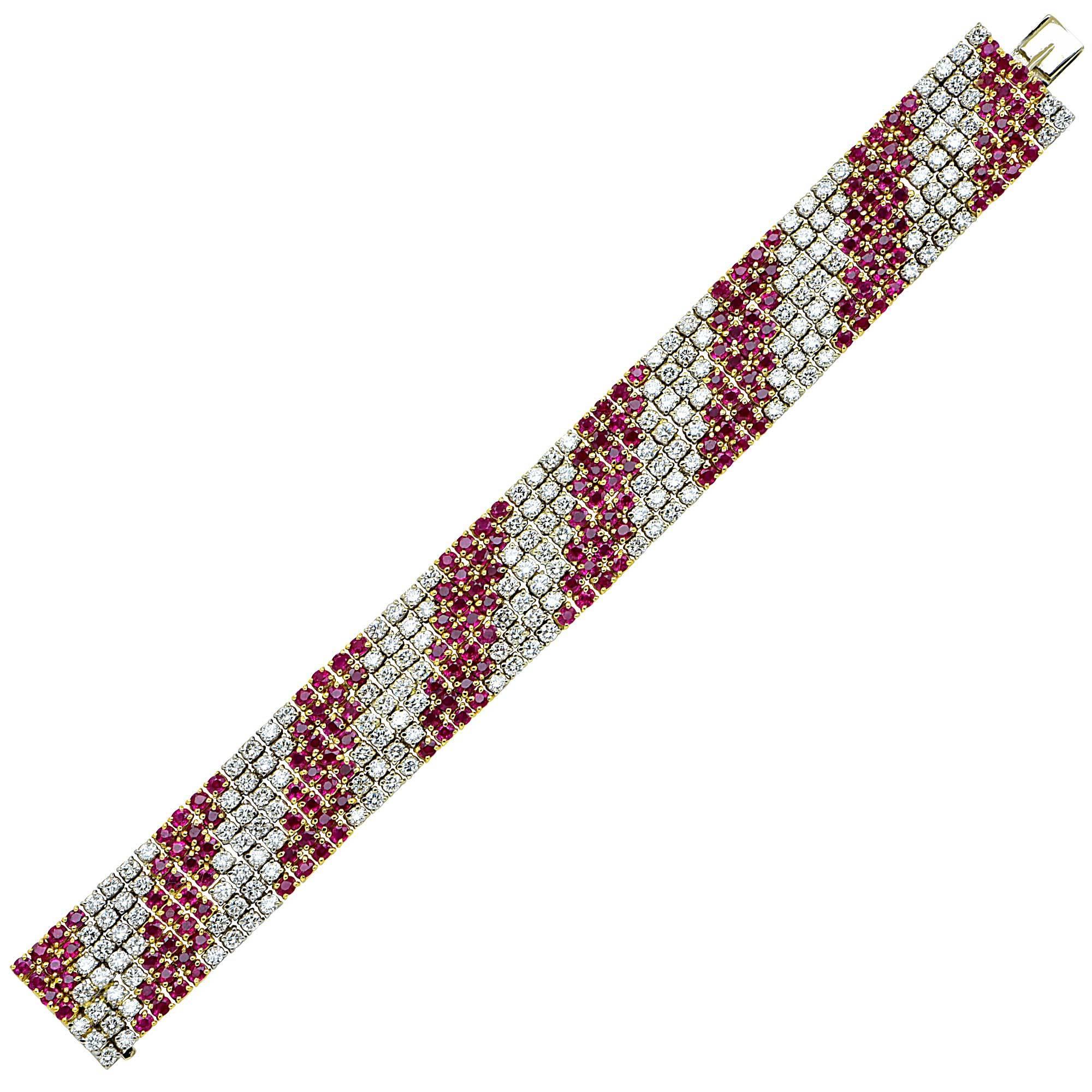 18k yellow and white gold bracelet containing 196 round brilliant cut dimaonds weighing approximately 14cts and 196 round cut vibrant Burma rubies weighing approximately 24cts. All the diamonds are G-H color and VS clarity. This gorgeous bracelet