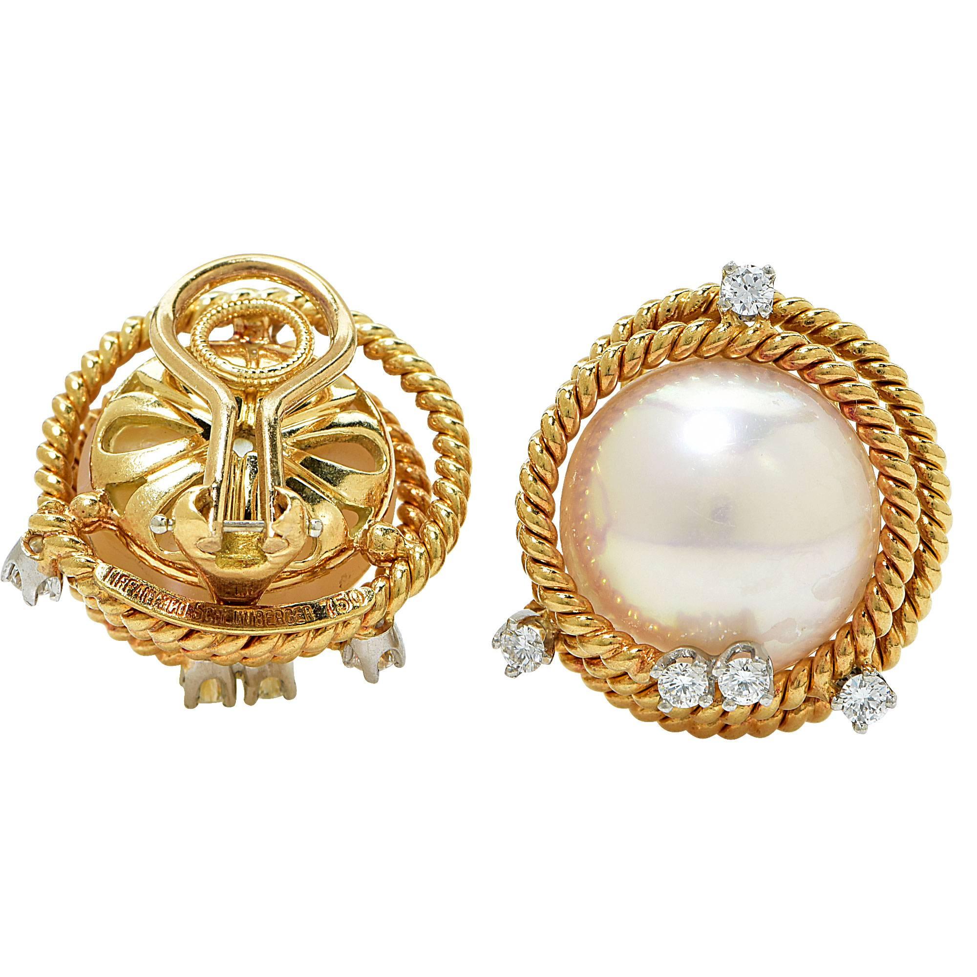 Tiffany & Co. Schlumberger Pearl Diamond Gold Earrings In Excellent Condition In Miami, FL