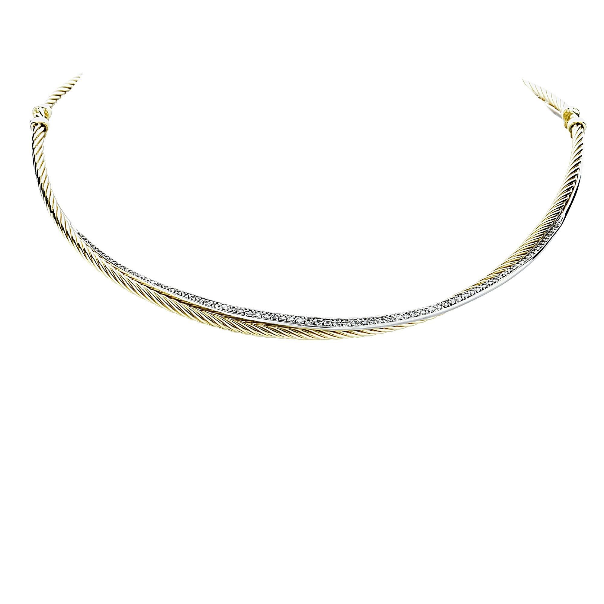 18k yellow and white gold David Yurman necklace containing 80 single cut diamonds weighing approximately .75cts.

Metal weight: 32.96 grams

This diamond ring is accompanied by a retail appraisal performed by a GIA Graduate Gemologist.