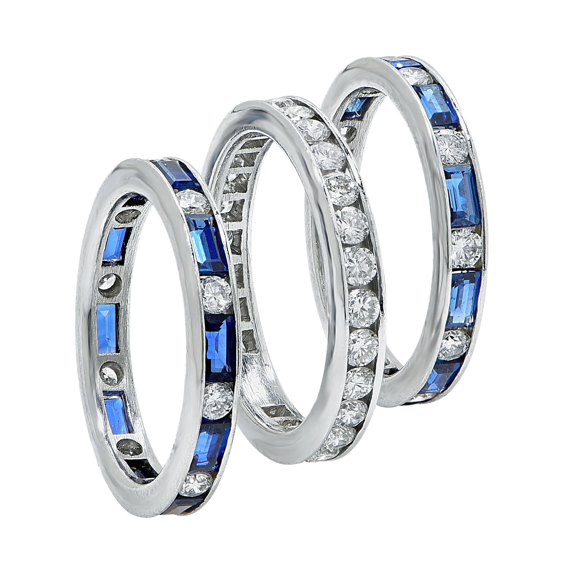 Platinum Diamond and Sapphire Wedding Dands In Excellent Condition In Miami, FL