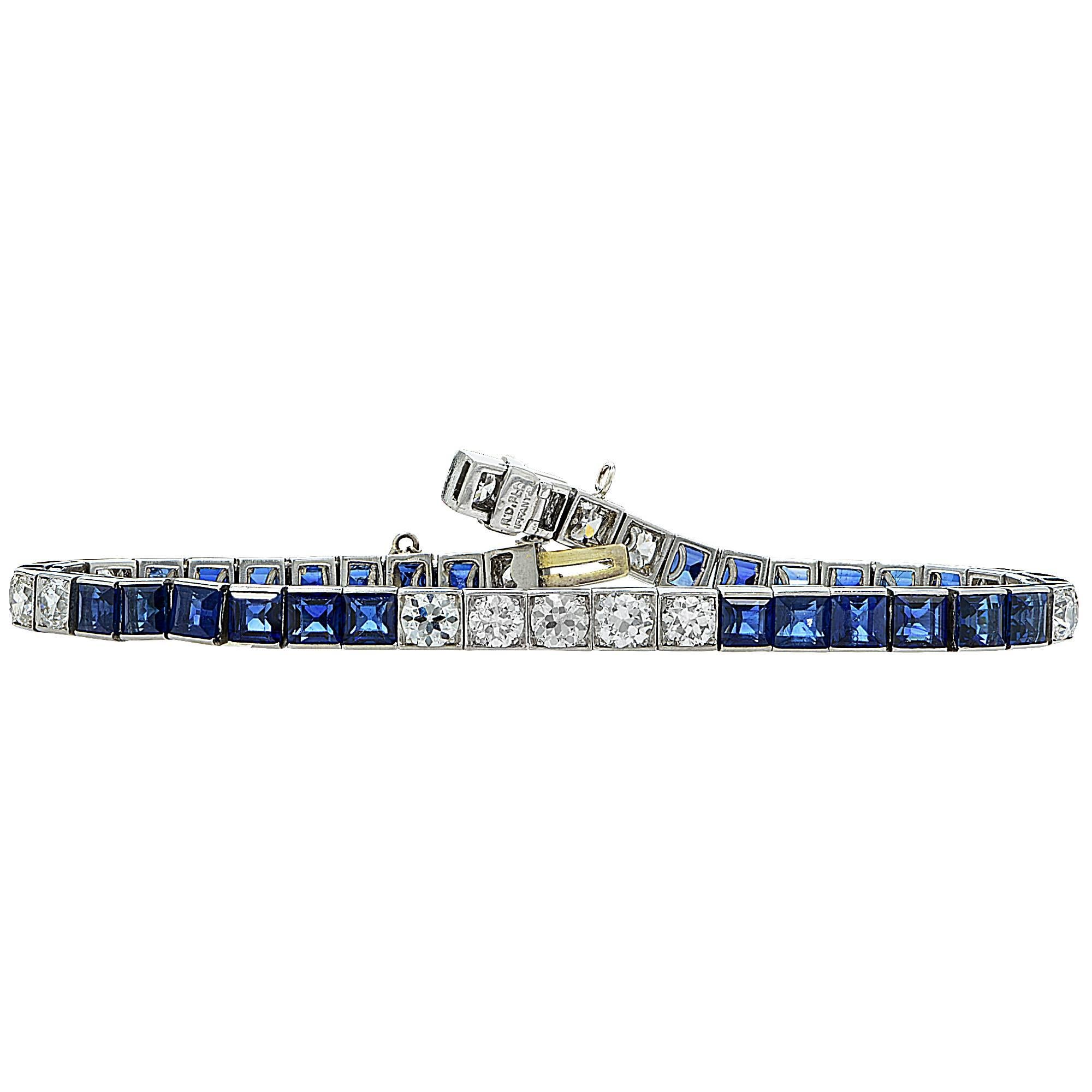 Tiffany & Co. Art Deco Sapphire Diamond Platinum Line Bracelet In Excellent Condition In Miami, FL