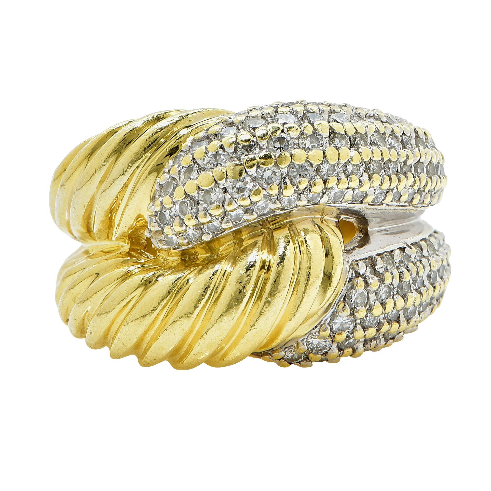 18k yellow gold David Yurman ring featuring 86 round brilliant cut diamonds weighing approximately 1.20cts G color VS-SI clarity.

Metal weight: 17.72 grams

This diamond ring is accompanied by a retail appraisal performed by a GIA Graduate