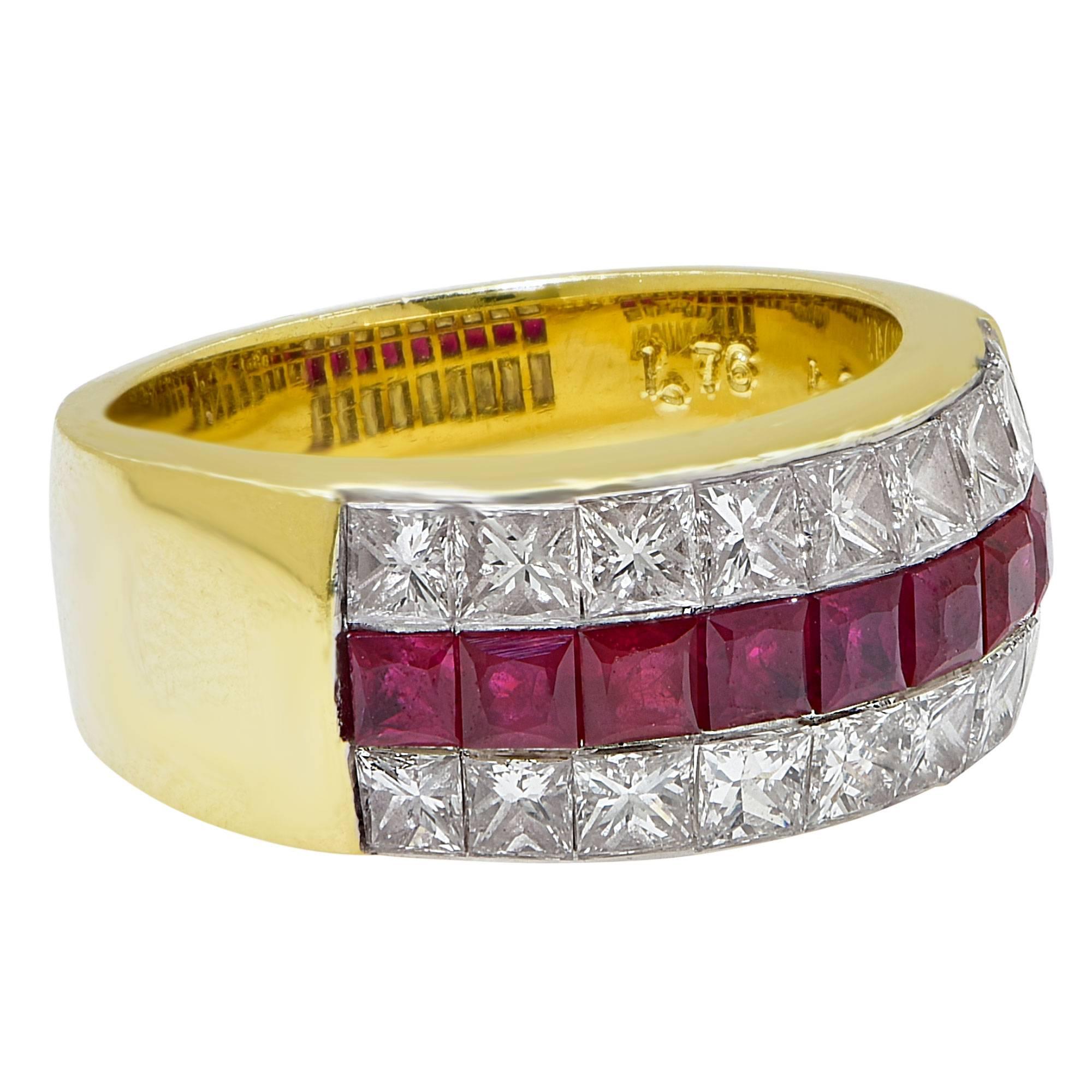 Princess Cut Burma Ruby and Diamond Ring