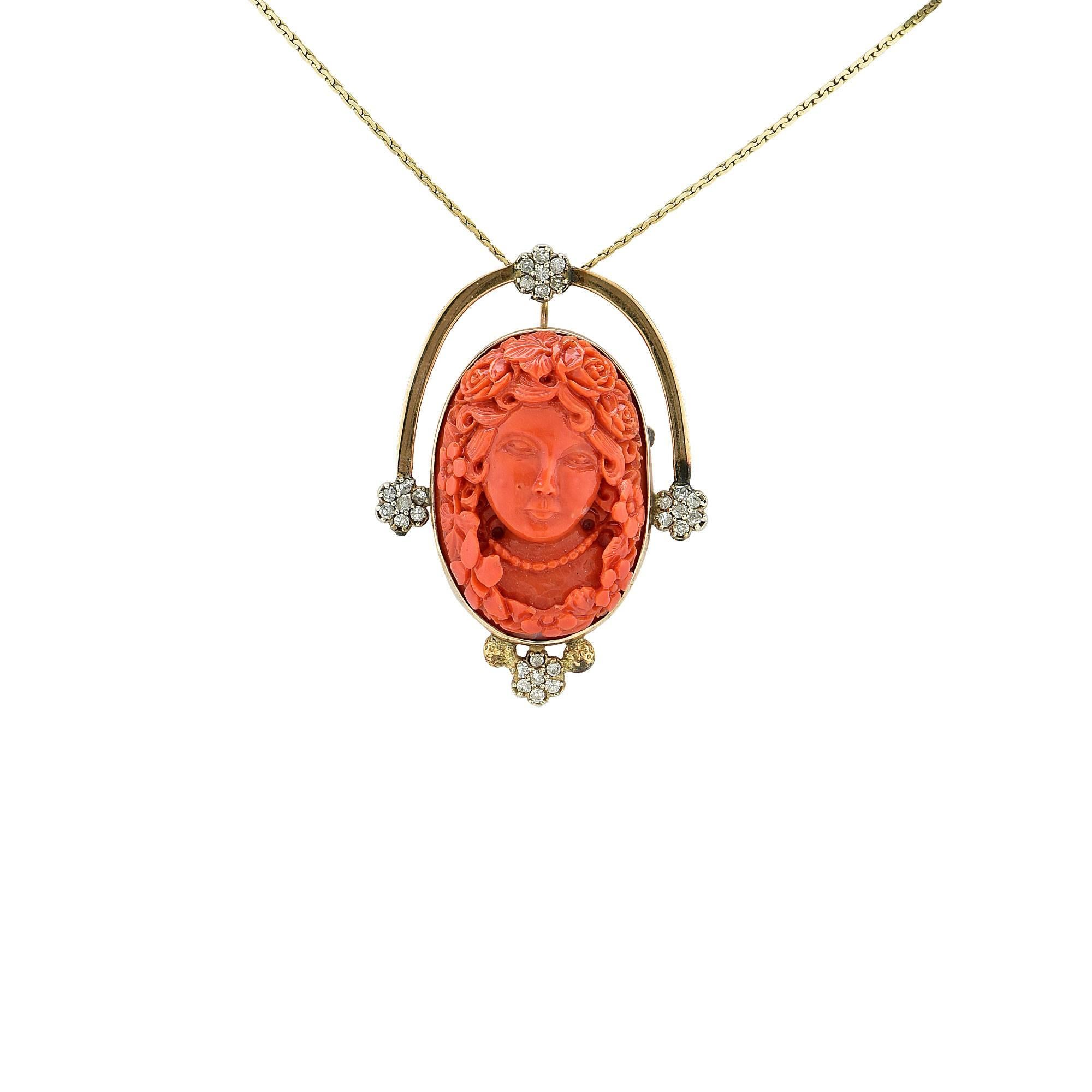 18k yellow gold coral cameo necklace accented by 28 single cut diamonds weighing approximately .40cts total.

Metal weight: 20.52 grams

This diamond ring is accompanied by a retail appraisal performed by a GIA Graduate Gemologist.